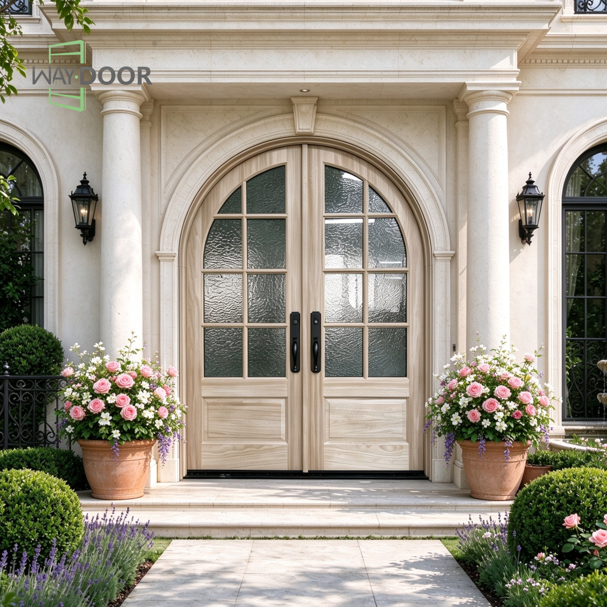 Arched French Solid Wood Double Entry Door with Patterned Glass