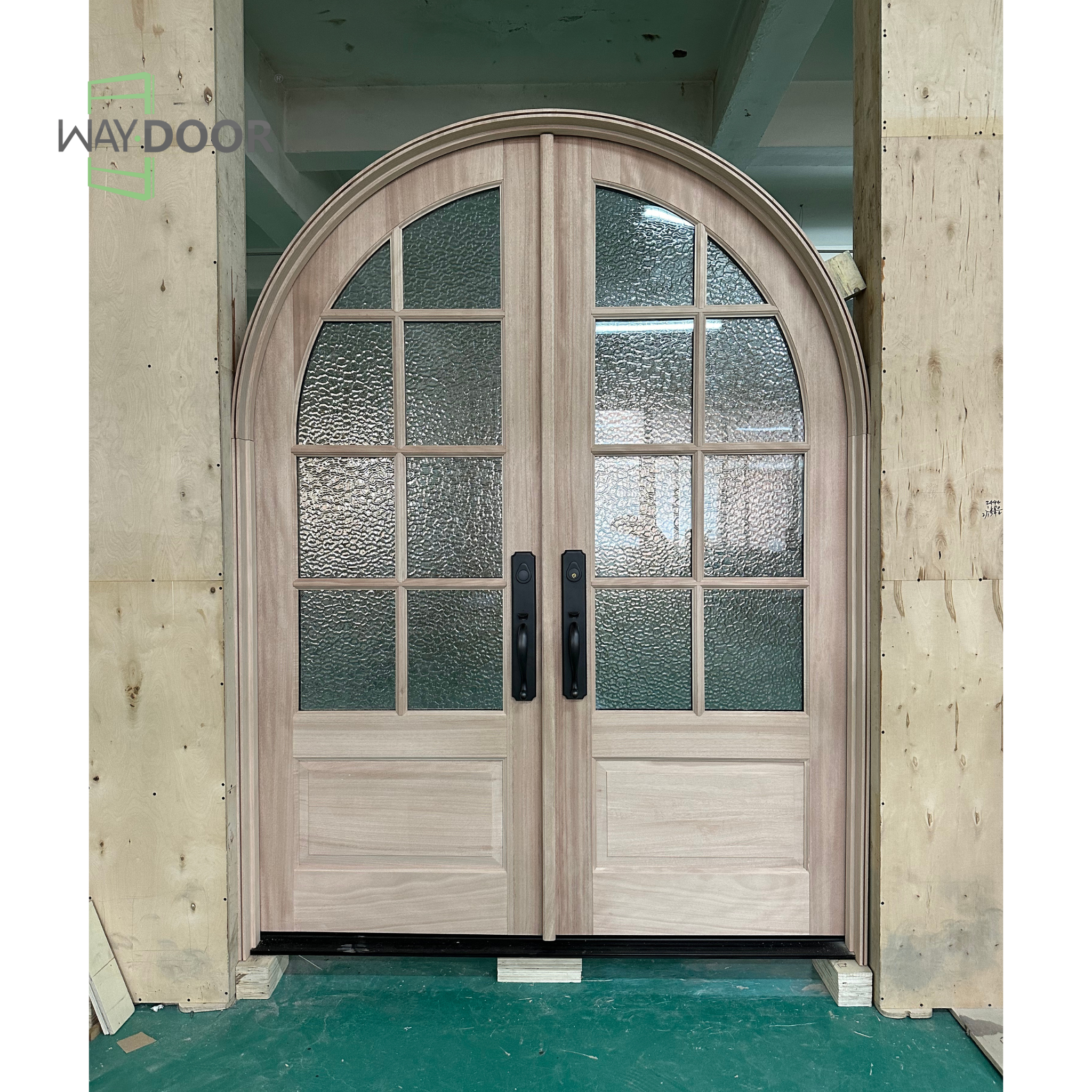 Arched French Solid Wood Double Entry Door with Patterned Glass