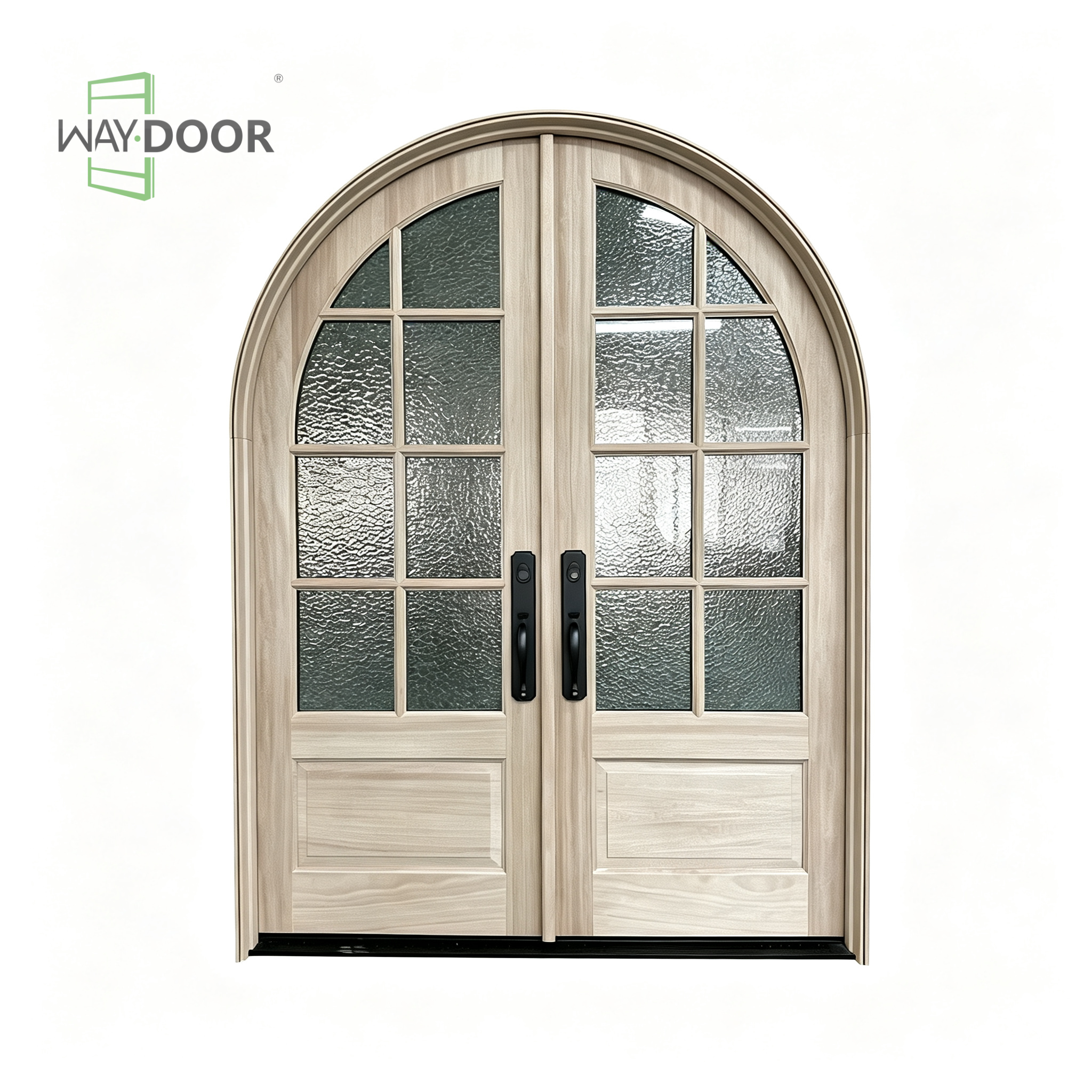 Arched French Solid Wood Double Entry Door with Patterned Glass