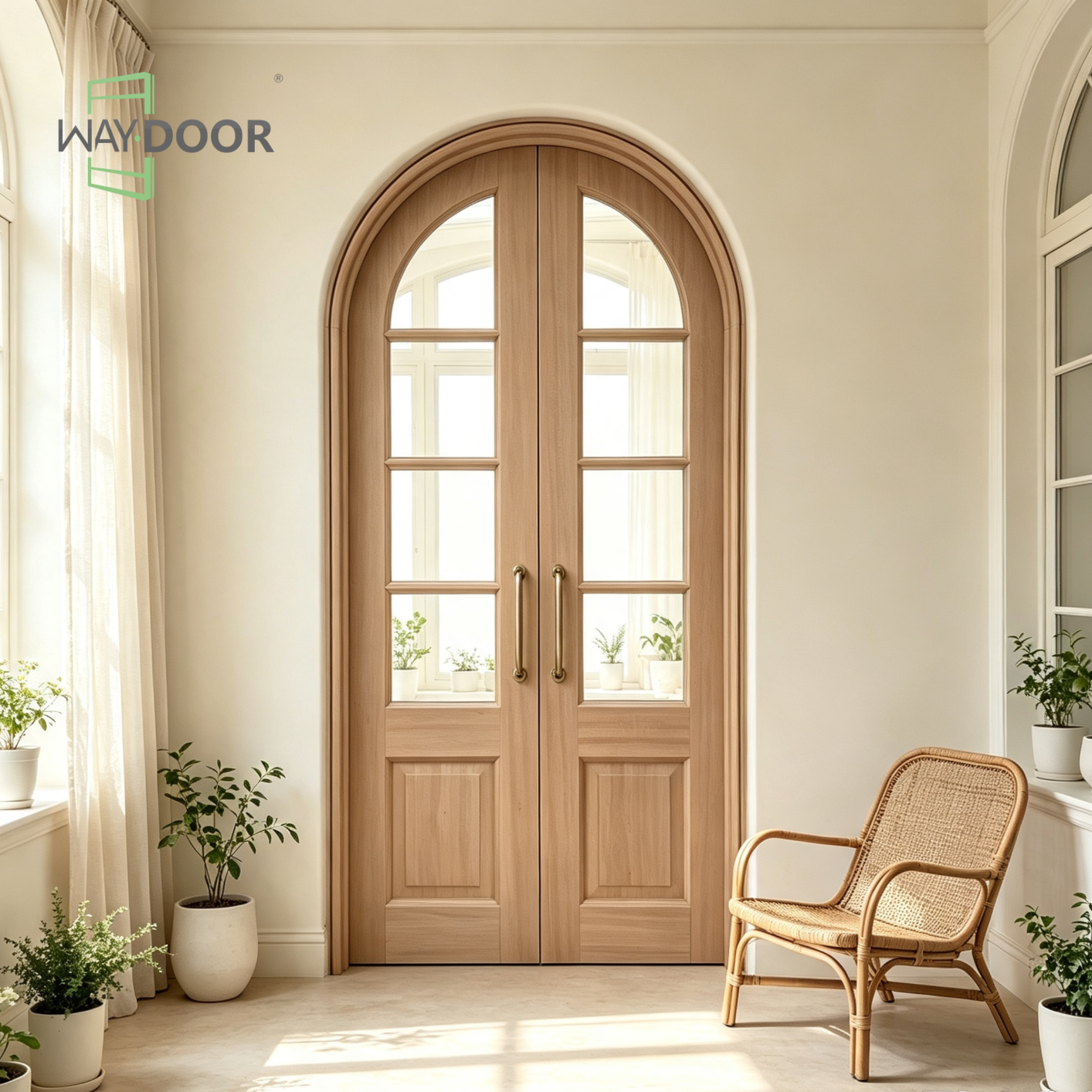 Arched Glass Double Solid Wood Hinged Interior Door