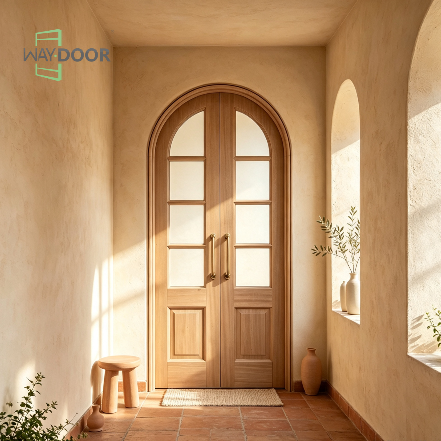 Arched Glass Double Solid Wood Hinged Interior Door