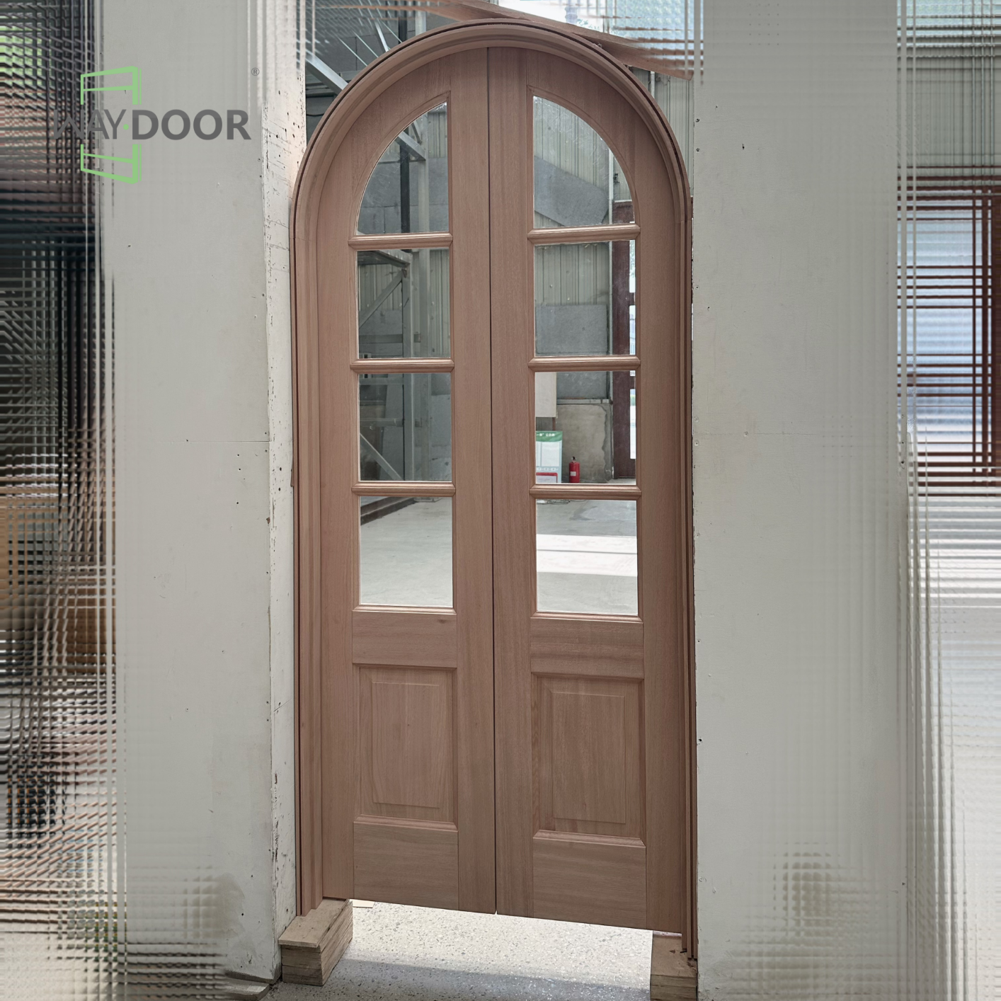 Arched Glass Double Solid Wood Hinged Interior Door