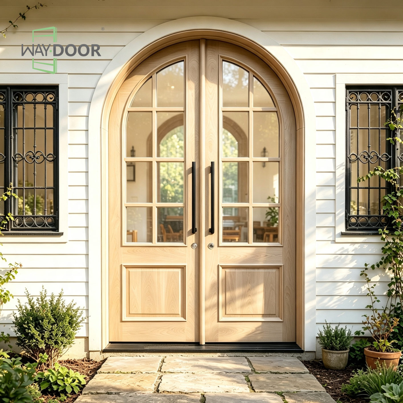 Arched Glass Solid Wood Double Entry Door