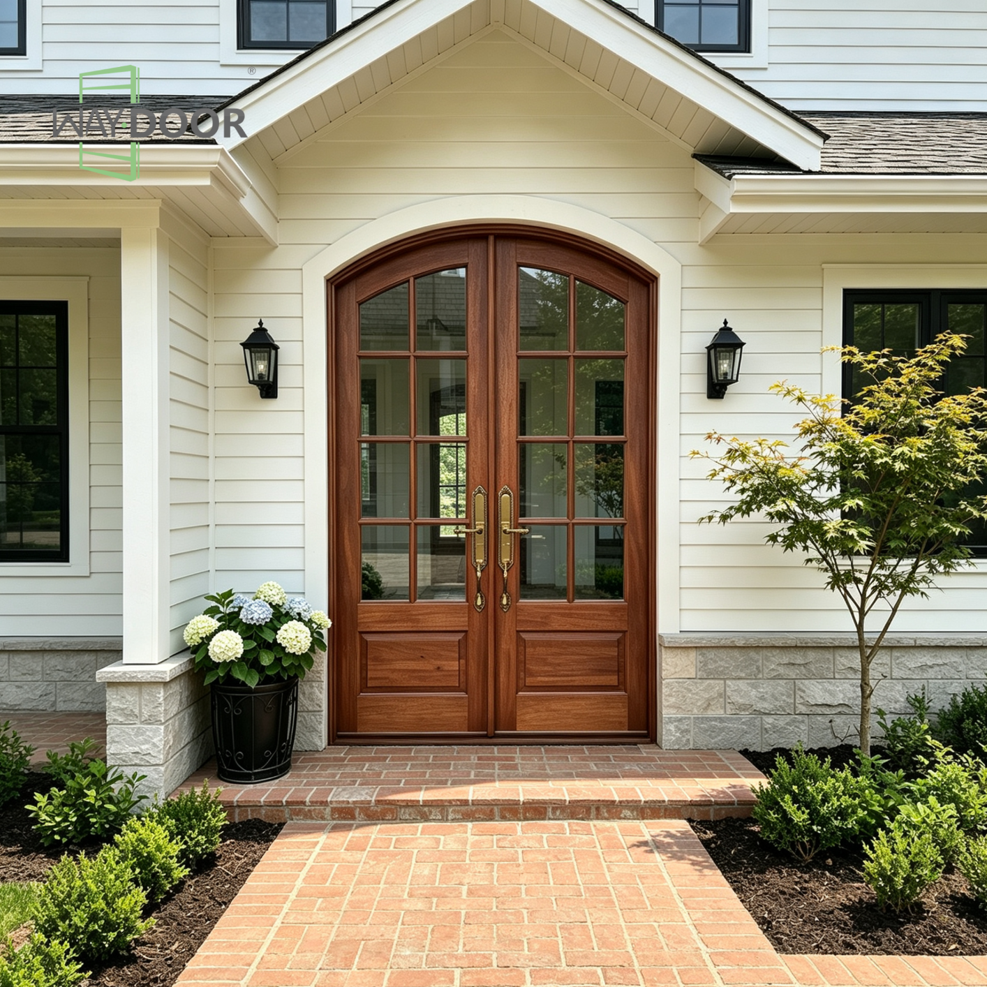 Arched Glass Solid Wood Double Entry Door
