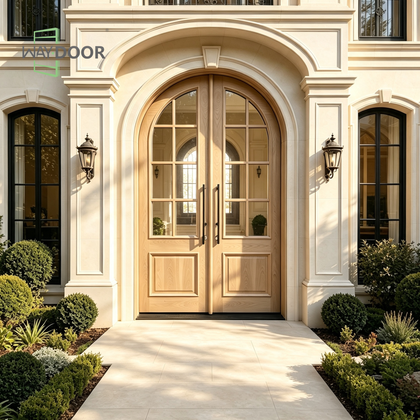 Arched Glass Solid Wood Double Entry Door