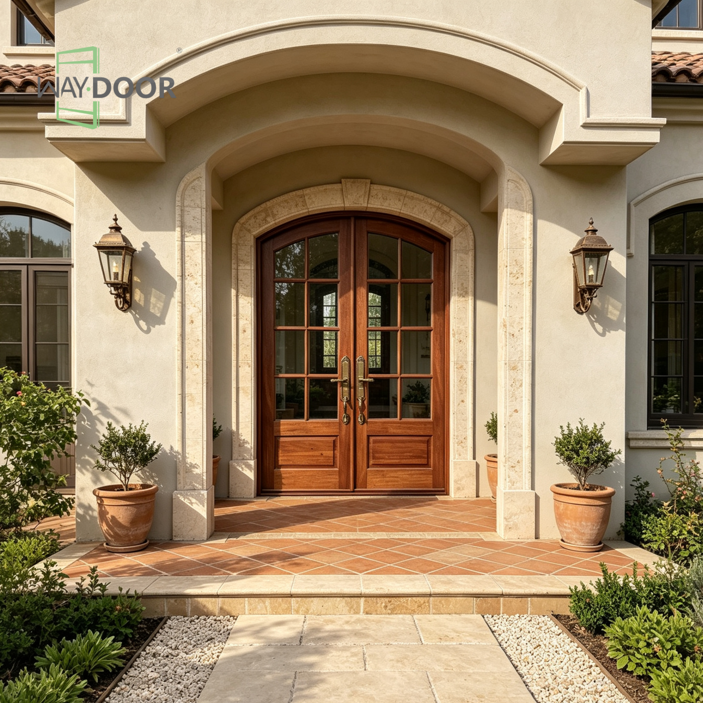 Arched Glass Solid Wood Double Entry Door
