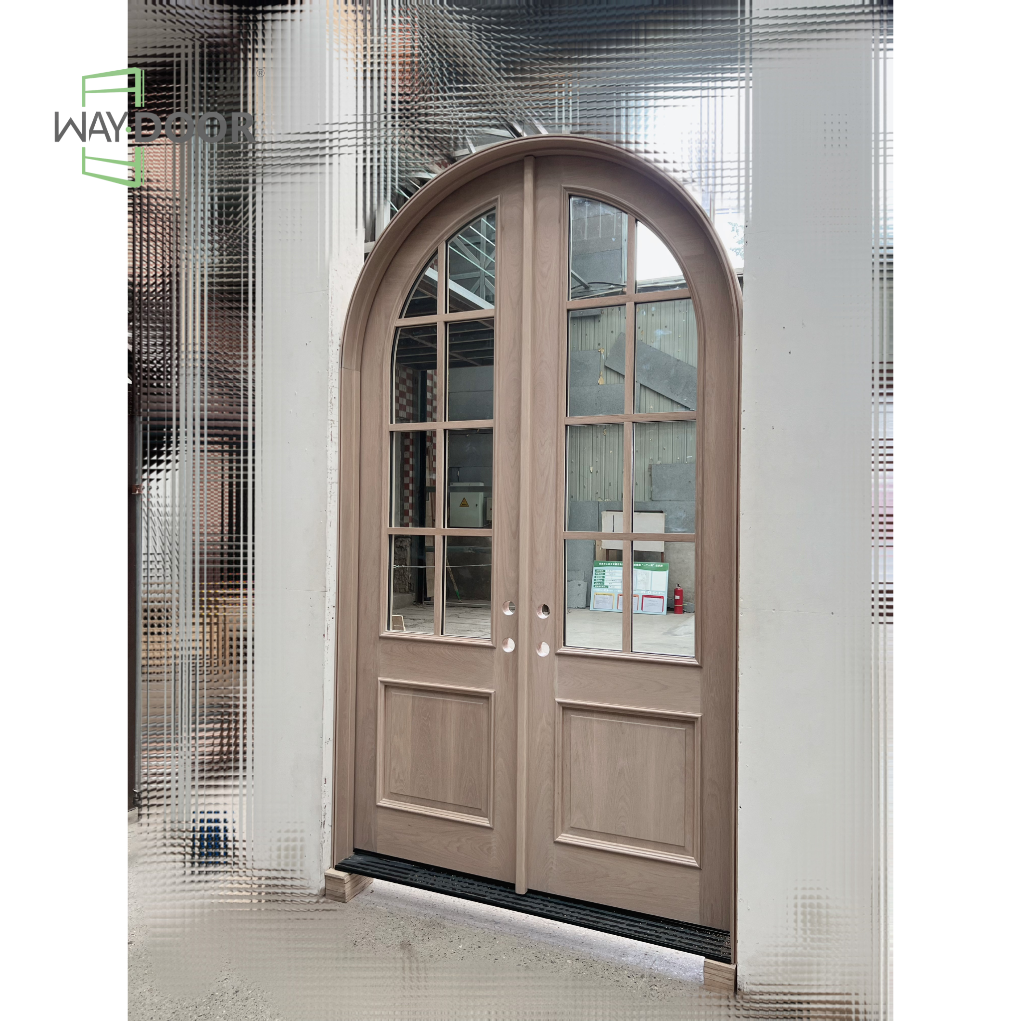 Arched Glass Solid Wood Double Entry Door