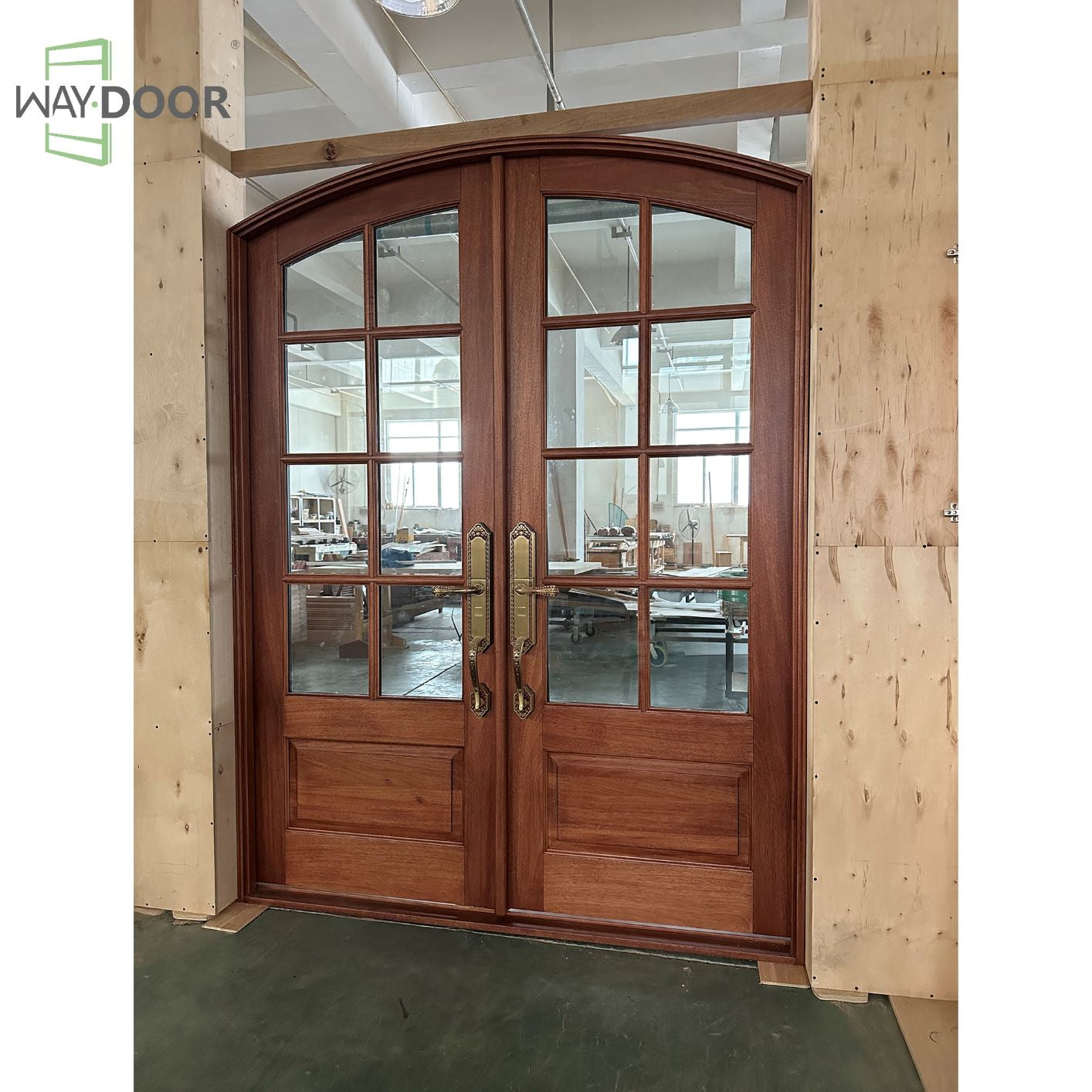 Arched Glass Solid Wood Double Entry Door