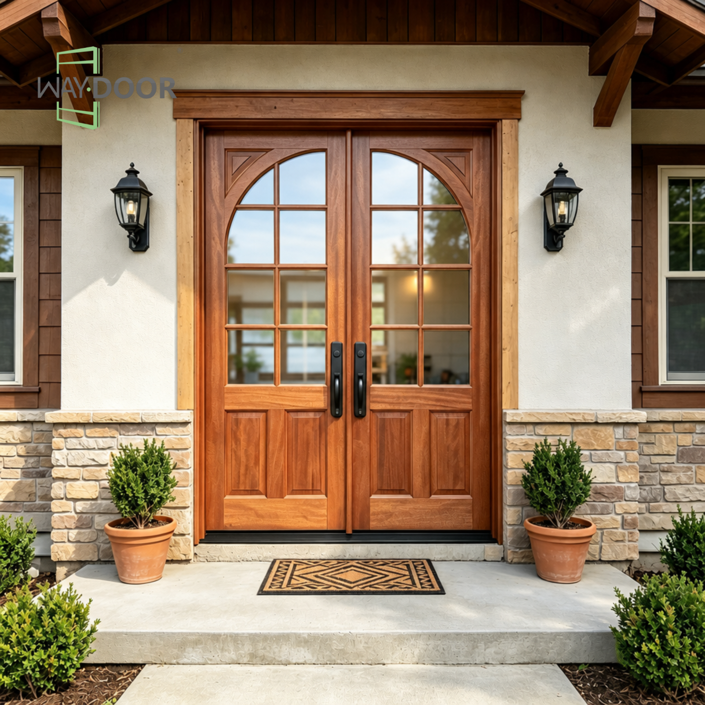 Arched Grid Clear Glass Double Solid Wood Entry Door