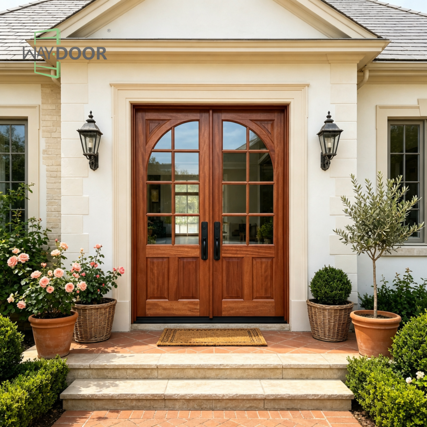 Arched Grid Clear Glass Double Solid Wood Entry Door