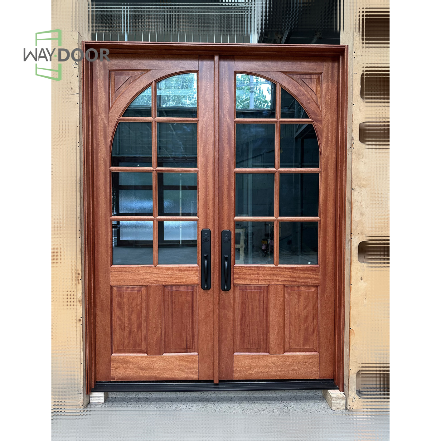Arched Grid Clear Glass Double Solid Wood Entry Door