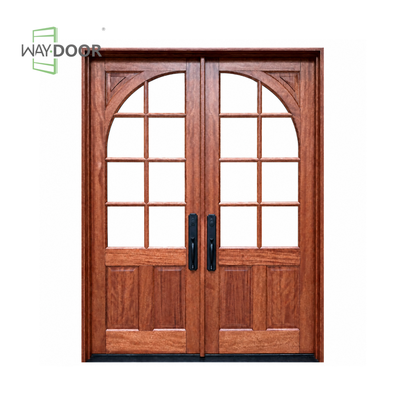 Arched Grid Clear Glass Double Solid Wood Entry Door