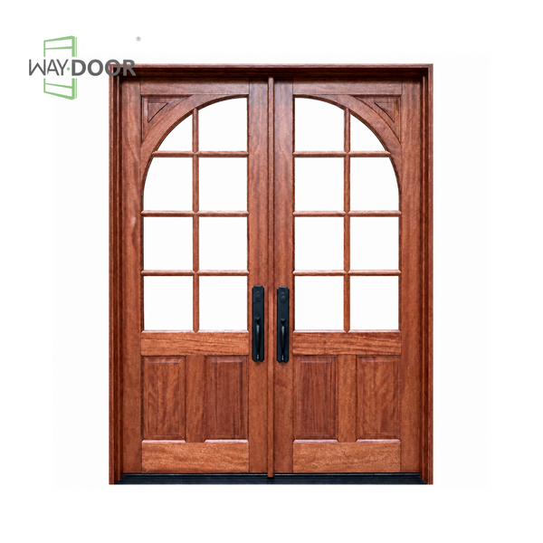 Arched Grid Clear Glass Double Solid Wood Entry Door