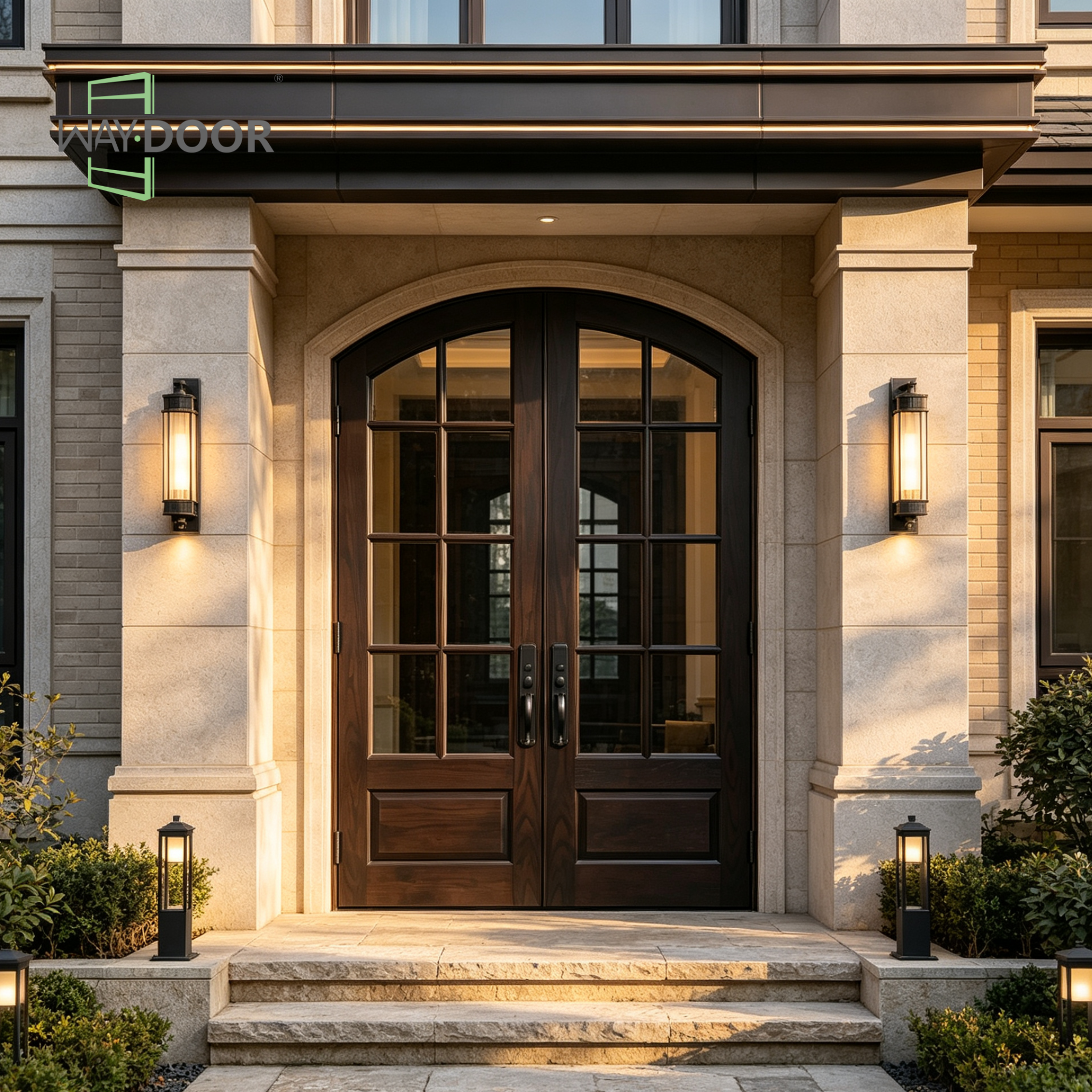 Arched Grille Solid Wood Double Entry Door