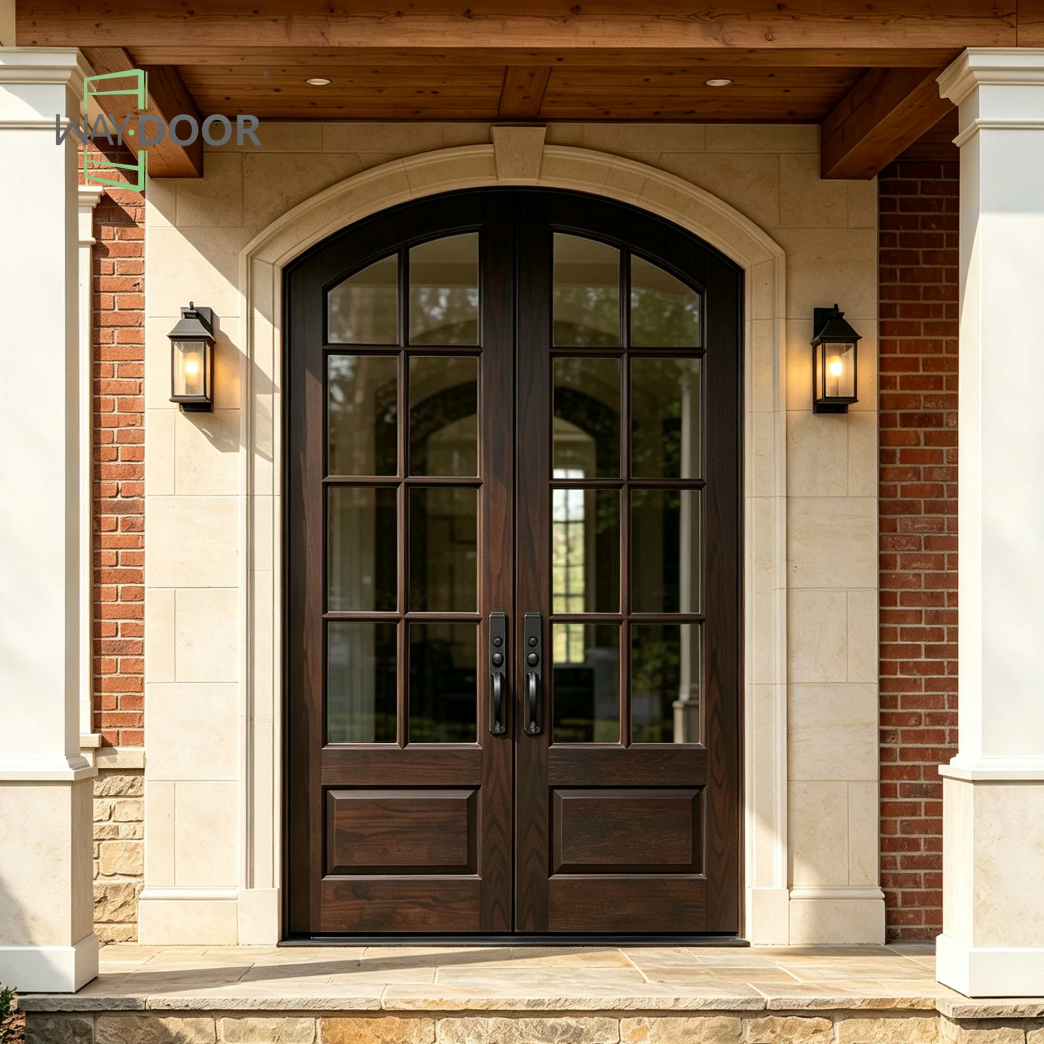Arched Grille Solid Wood Double Entry Door