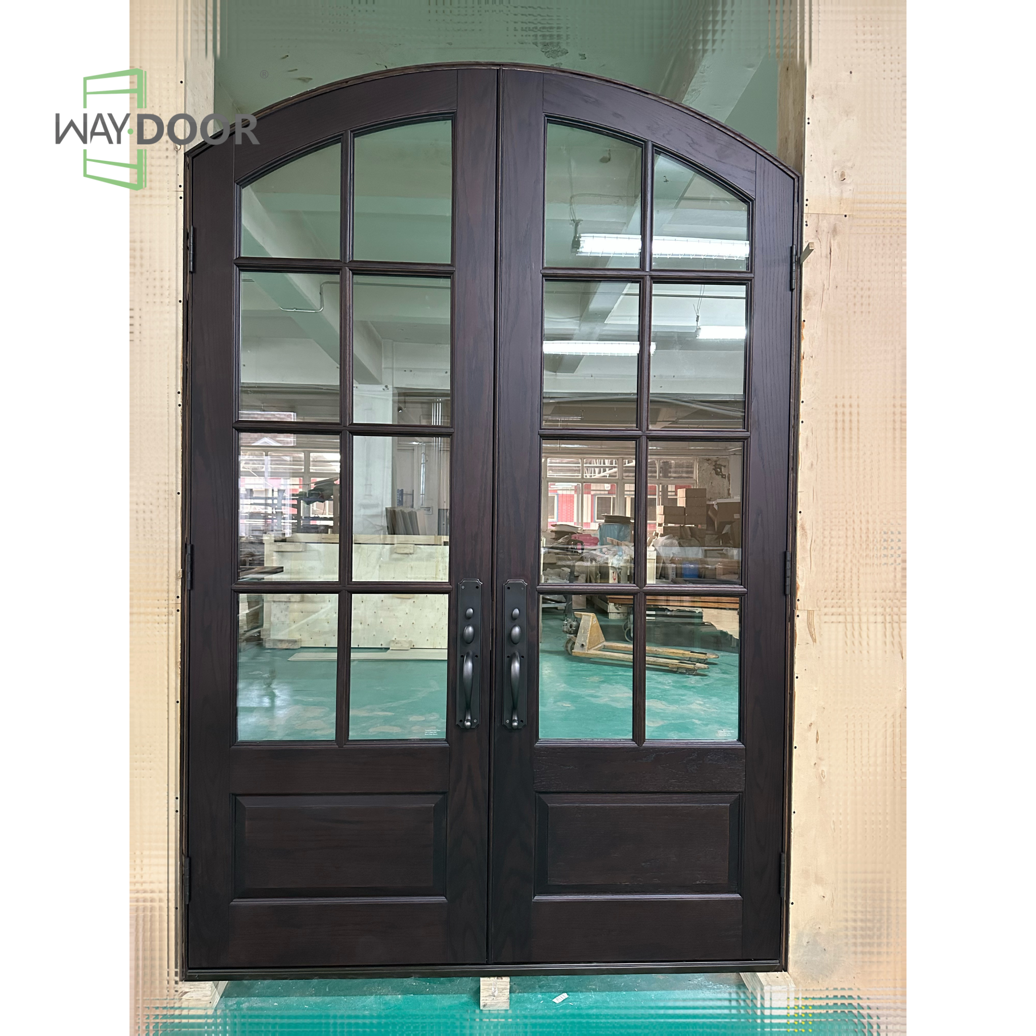 Arched Grille Solid Wood Double Entry Door