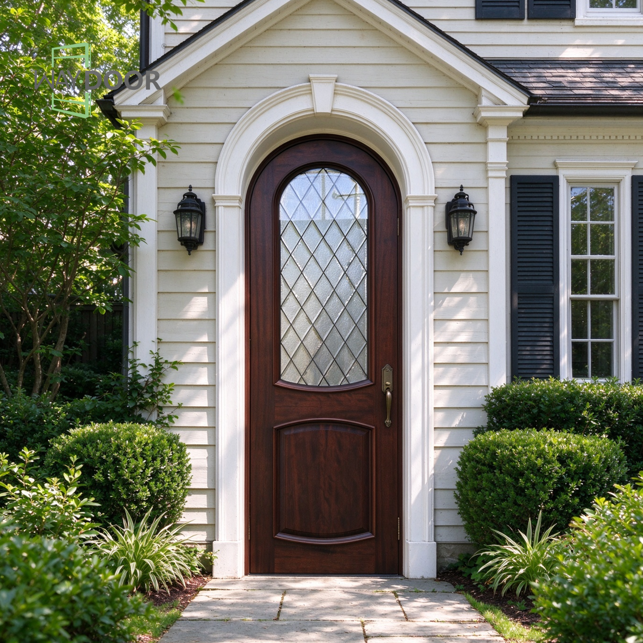 Arched Mediterranean Diamond Glass Solid Wood Entry Door
