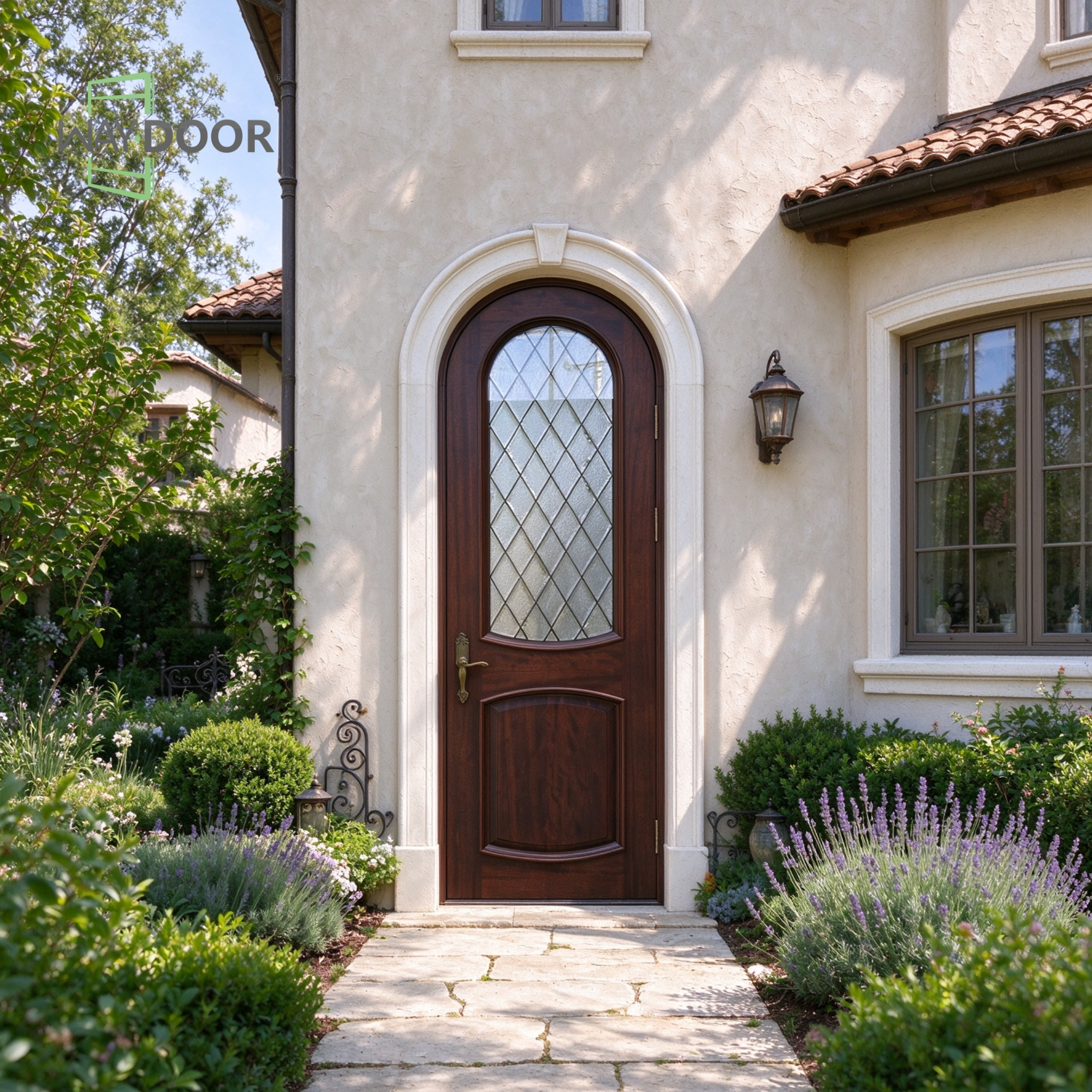 Arched Mediterranean Diamond Glass Solid Wood Entry Door