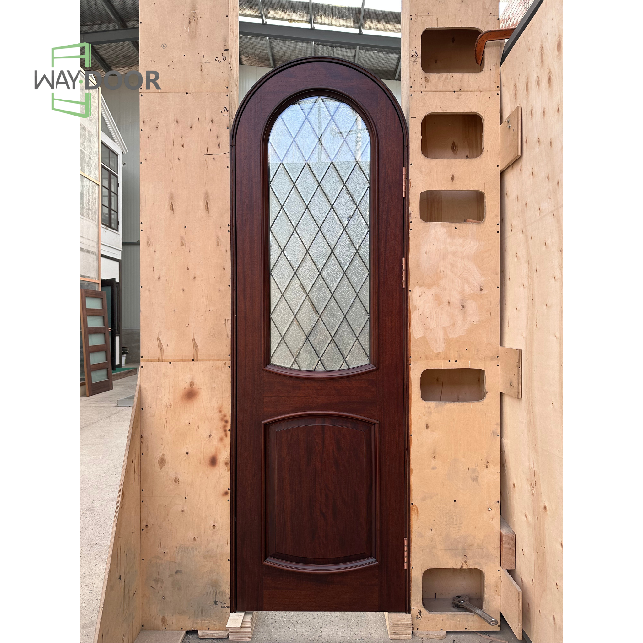 Arched Mediterranean Diamond Glass Solid Wood Entry Door