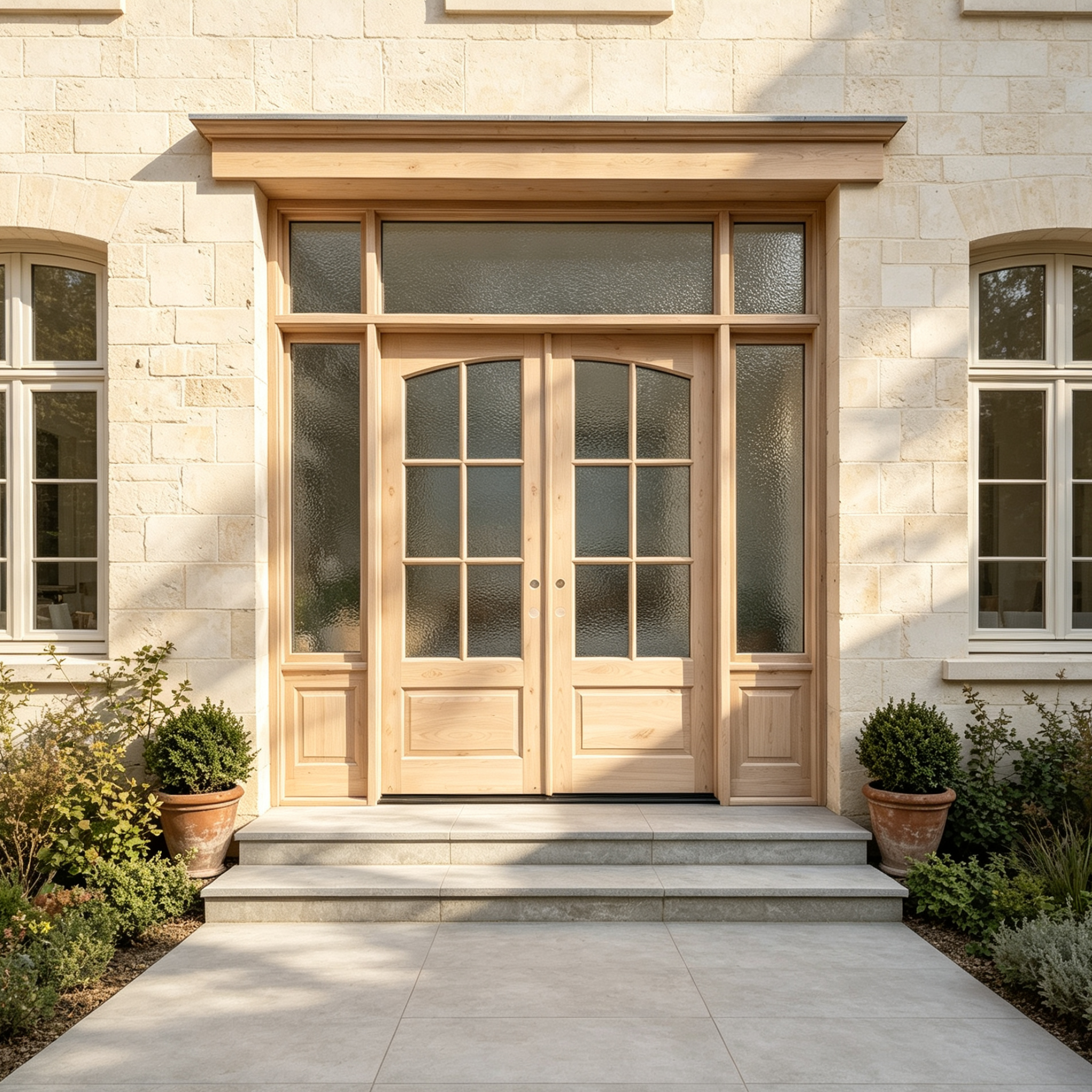 Arched Rain Glass Solid Wood Double Entry Door with Transom & Sidelites