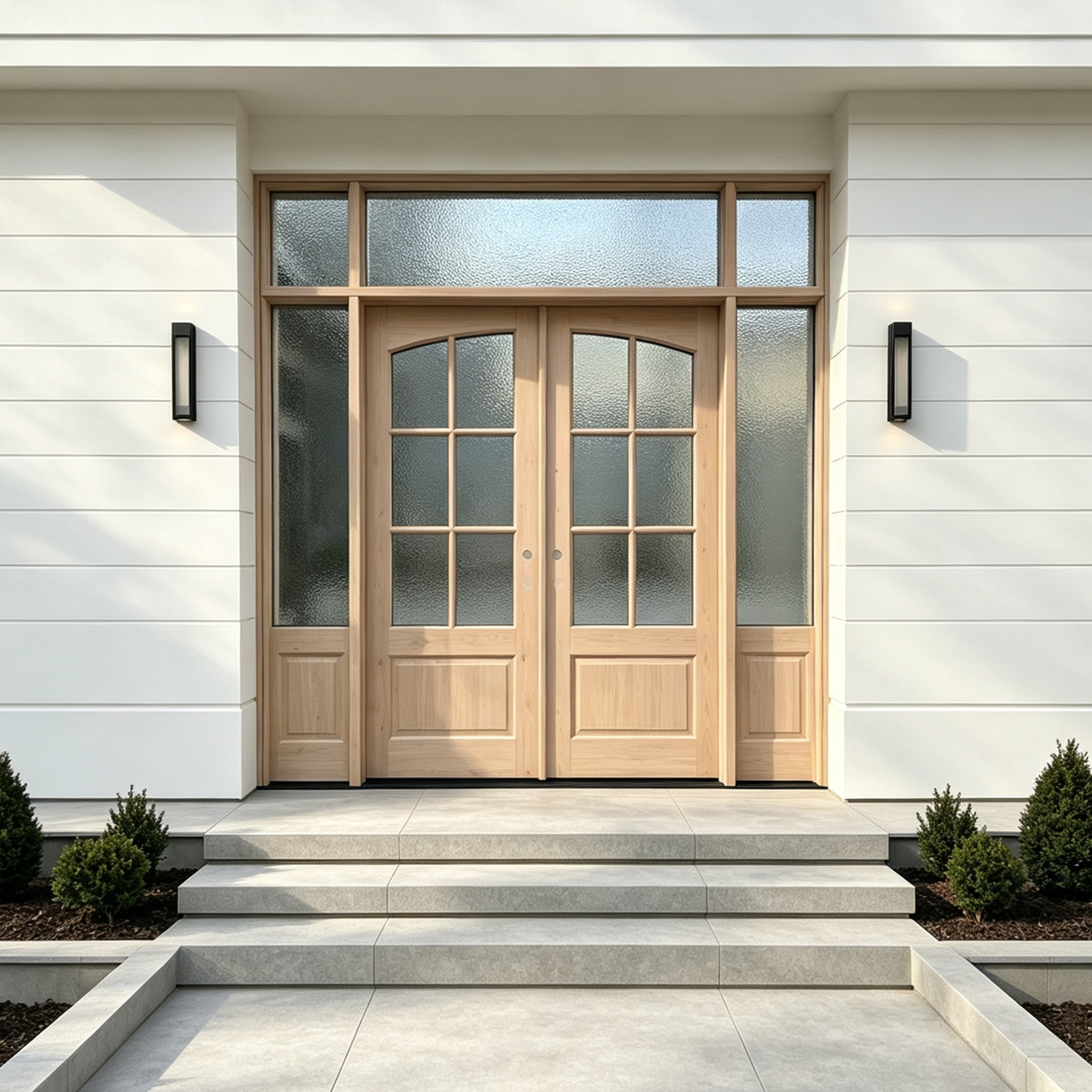 Arched Rain Glass Solid Wood Double Entry Door with Transom & Sidelites
