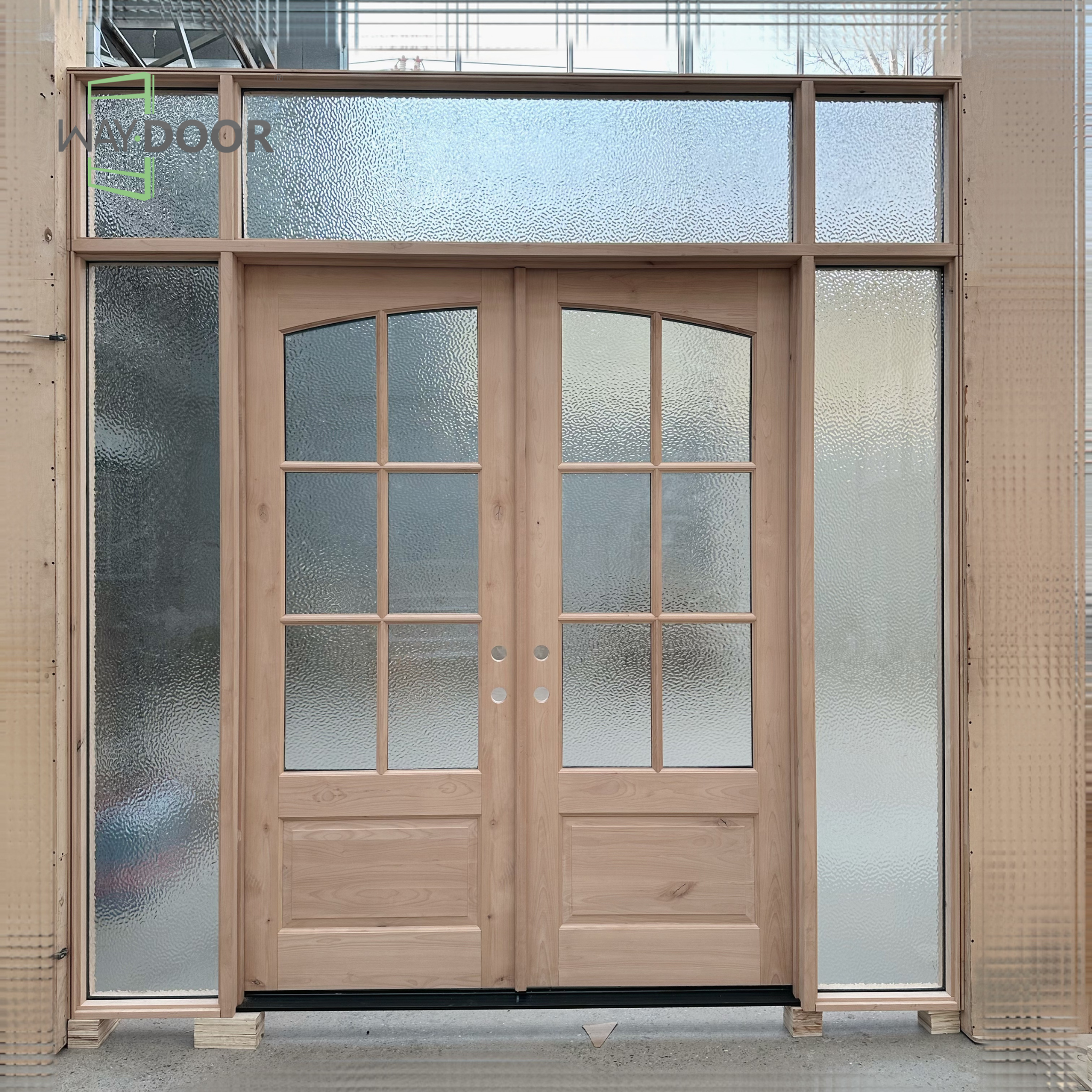 Arched Rain Glass Solid Wood Double Entry Door with Transom & Sidelites