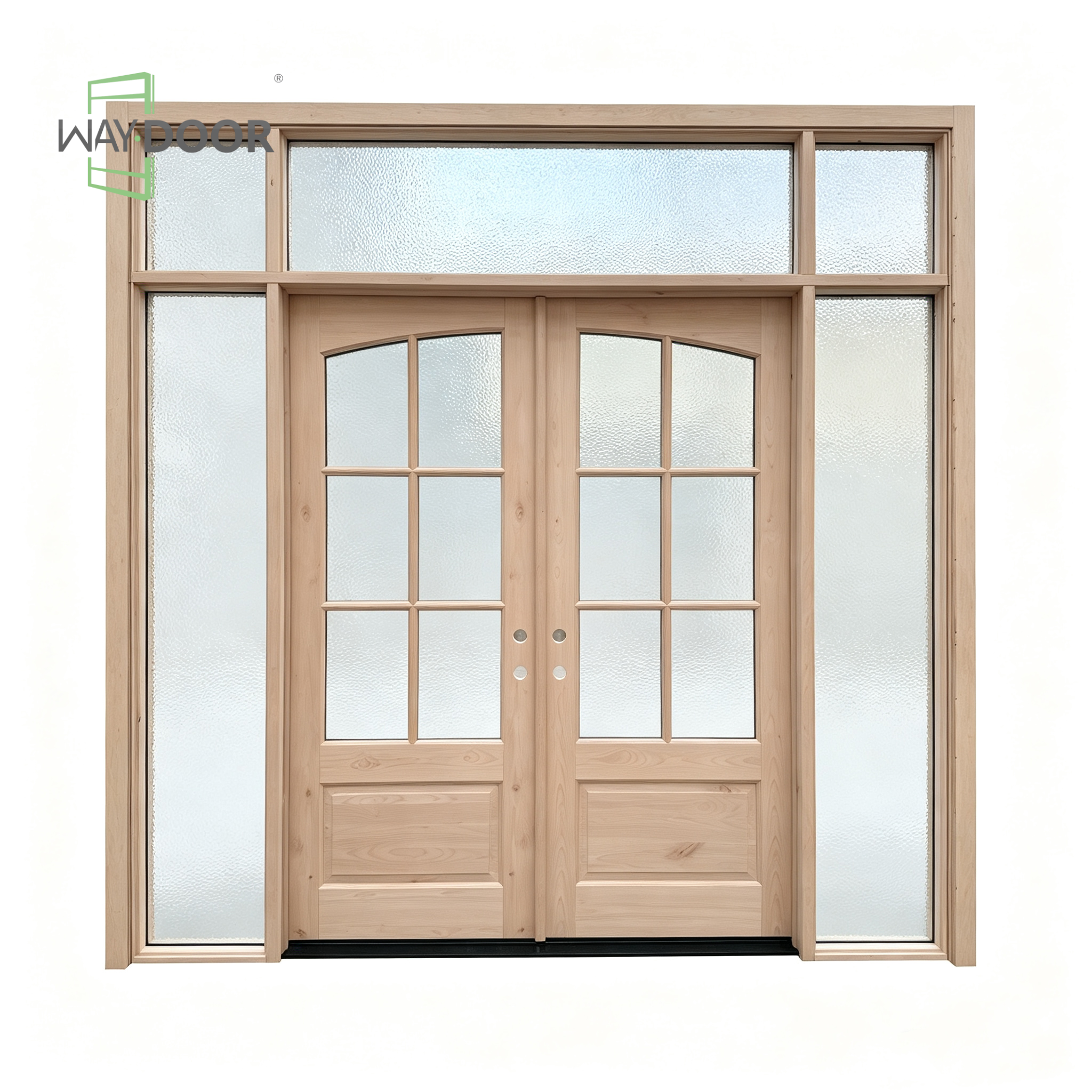 Arched Rain Glass Solid Wood Double Entry Door with Transom & Sidelites