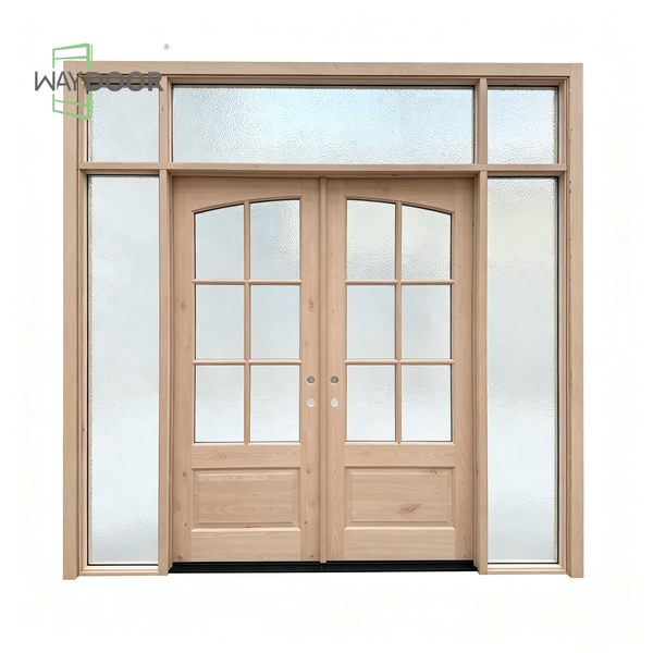 Arched Rain Glass Solid Wood Double Entry Door with Transom & Sidelites
