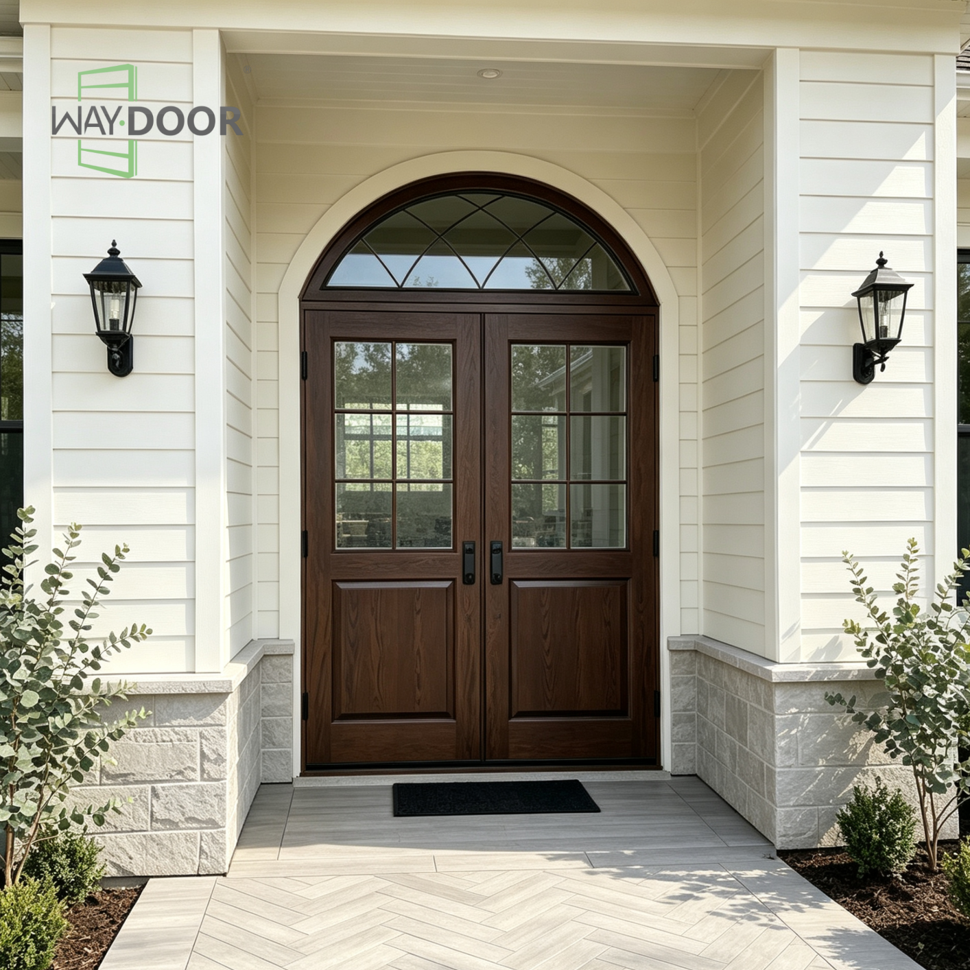 Arched Rain‑Glass Solid Wood Double Entry Door with Transom