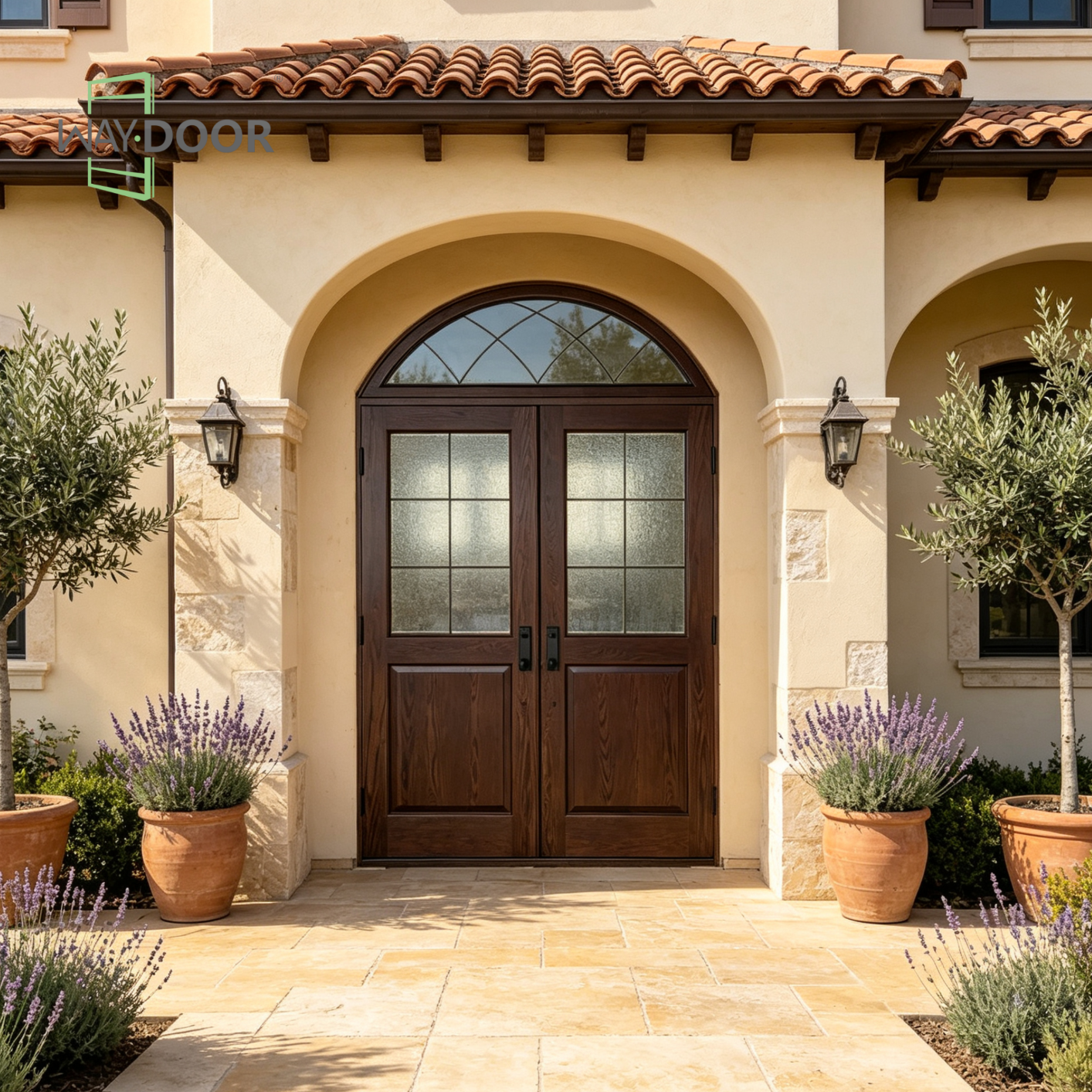 Arched Rain‑Glass Solid Wood Double Entry Door with Transom