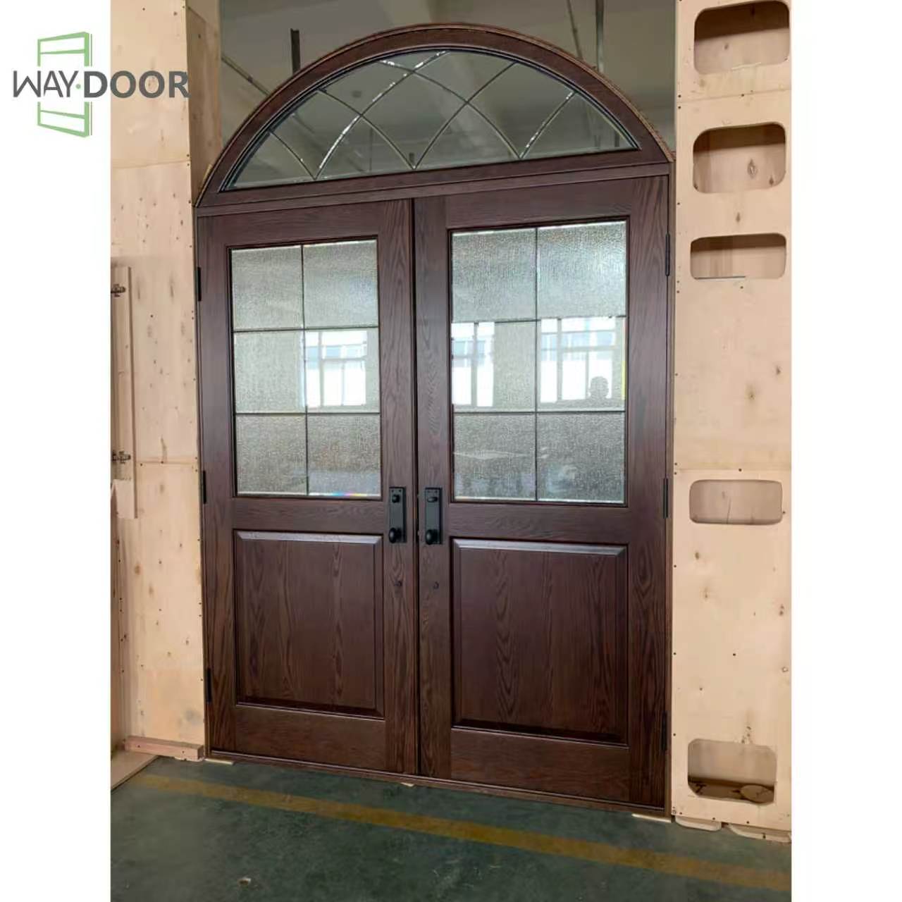 Arched Rain‑Glass Solid Wood Double Entry Door with Transom