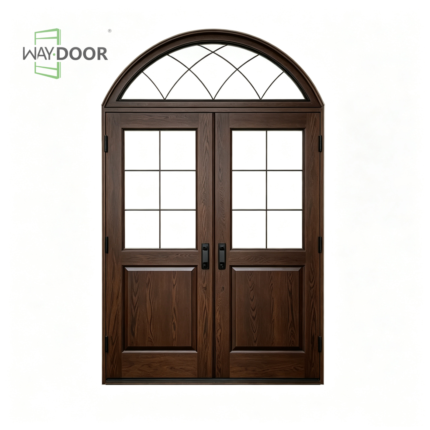 Arched Rain‑Glass Solid Wood Double Entry Door with Transom