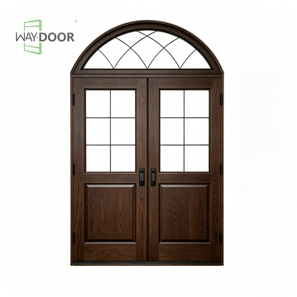 Arched Rain‑Glass Solid Wood Double Entry Door with Transom