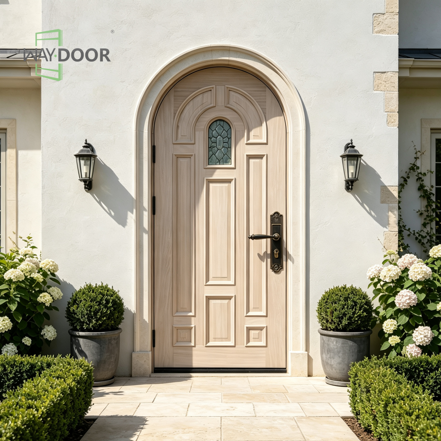 Arched Raised‑Panel Solid Wood Hinged Entry Door with Textured Glass