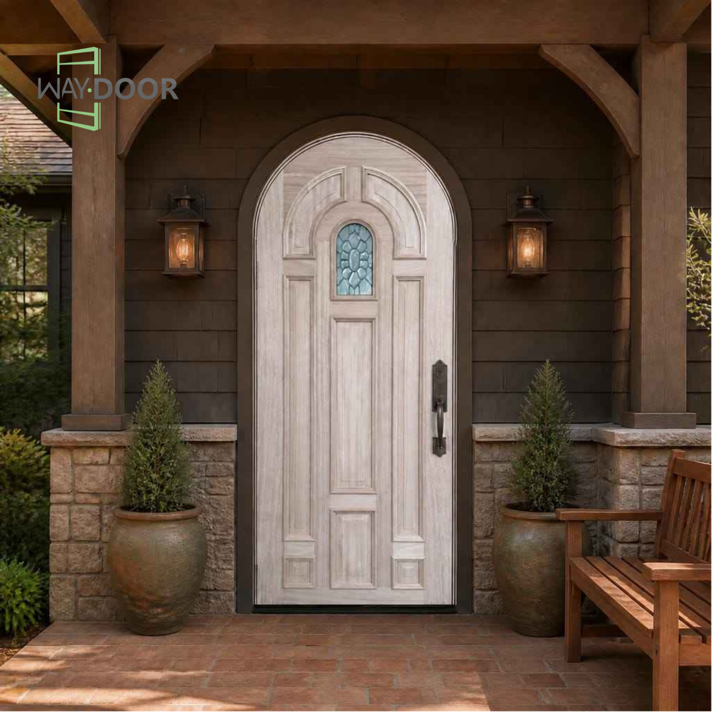 Arched Raised‑Panel Solid Wood Hinged Entry Door with Textured Glass