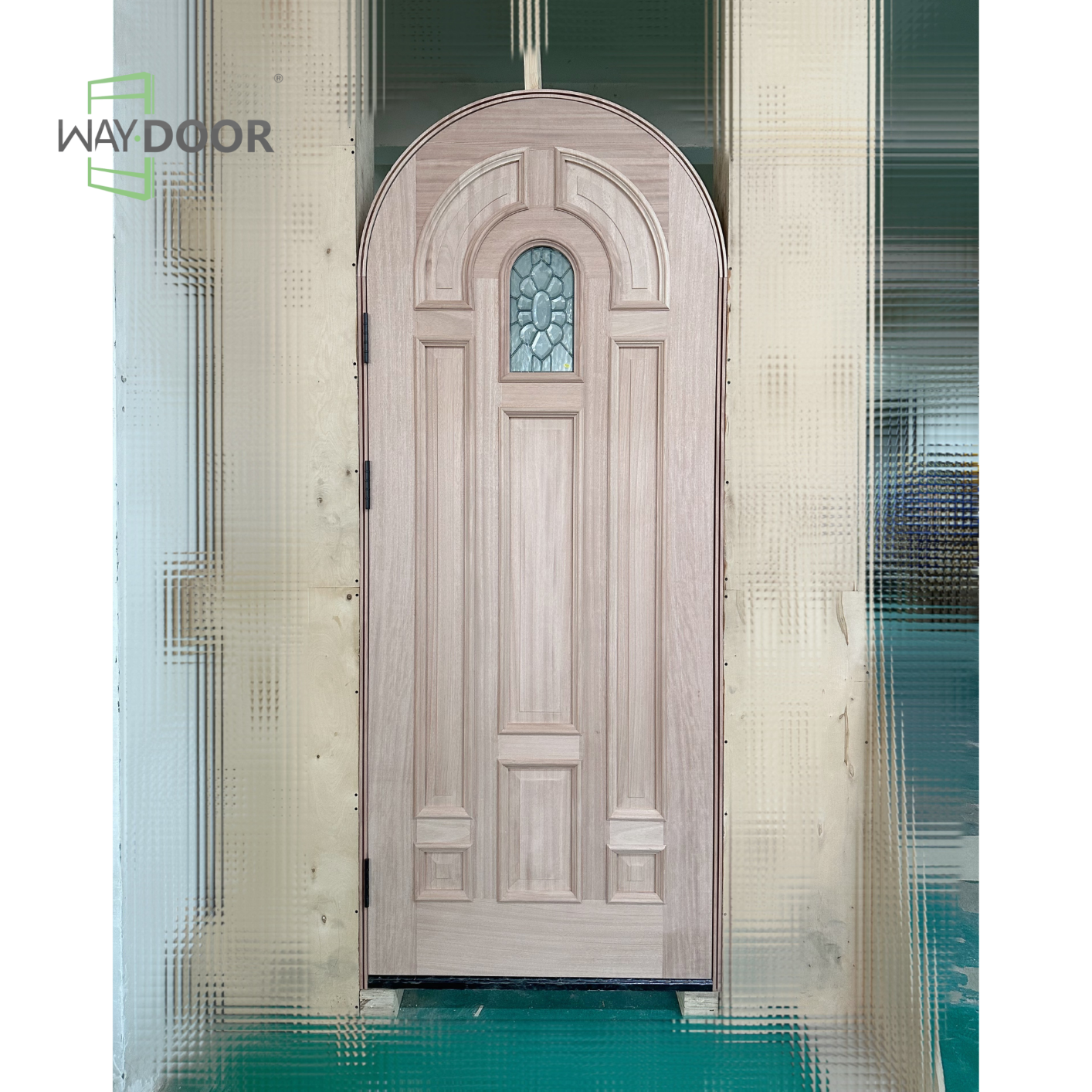 Arched Raised‑Panel Solid Wood Hinged Entry Door with Textured Glass