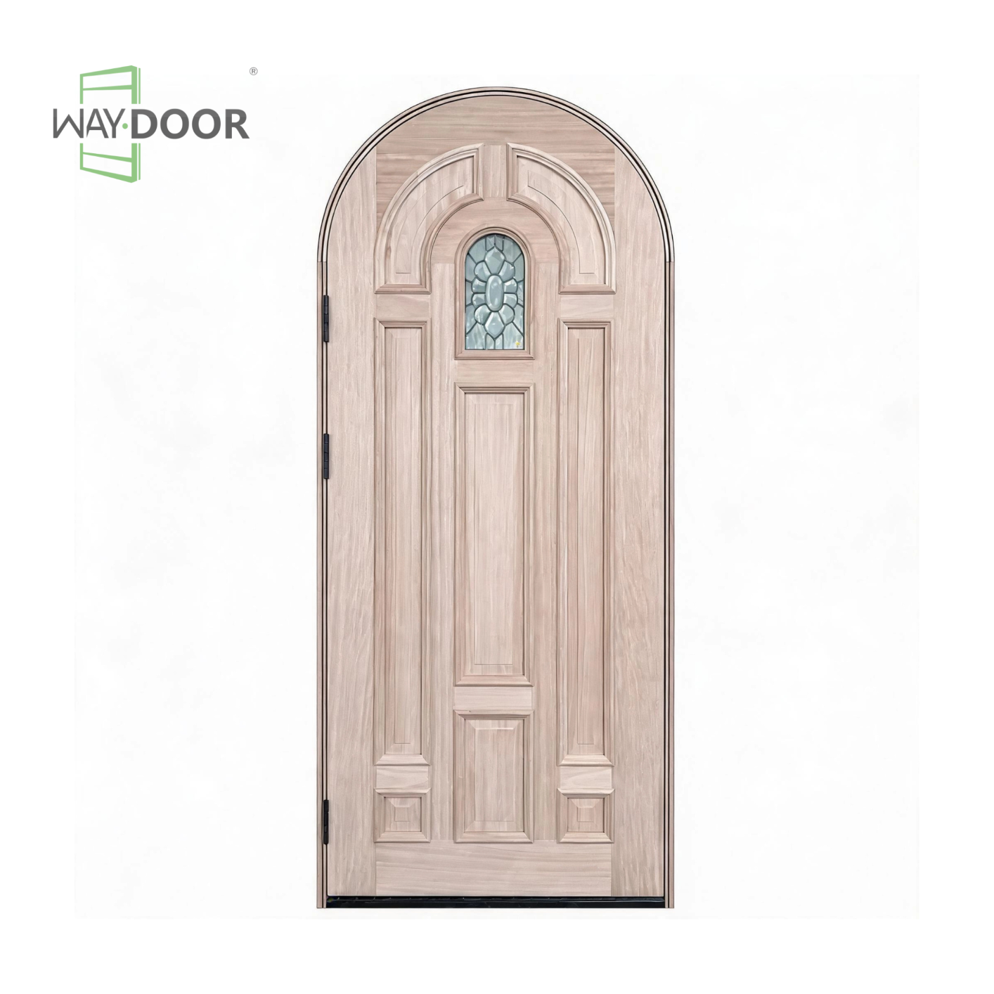 Arched Raised‑Panel Solid Wood Hinged Entry Door with Textured Glass