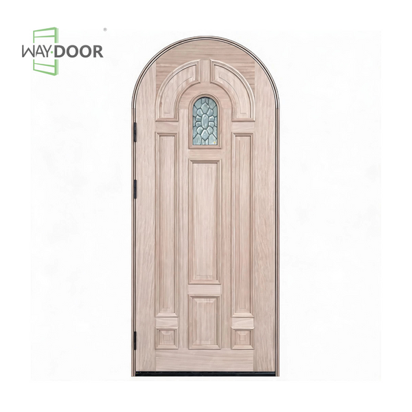 Arched Raised‑Panel Solid Wood Hinged Entry Door with Textured Glass