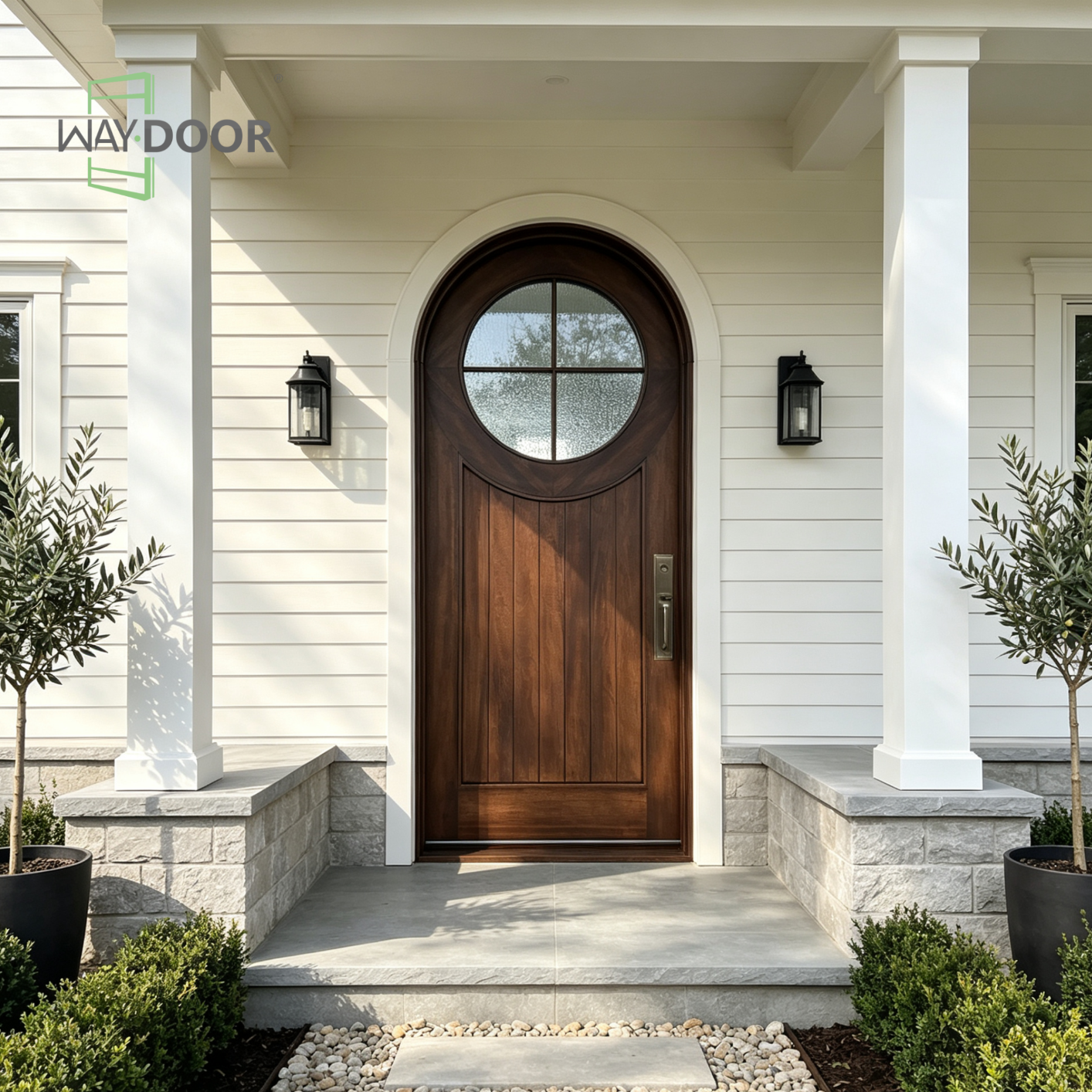 Arched Round Glass Solid Wood Entry Door
