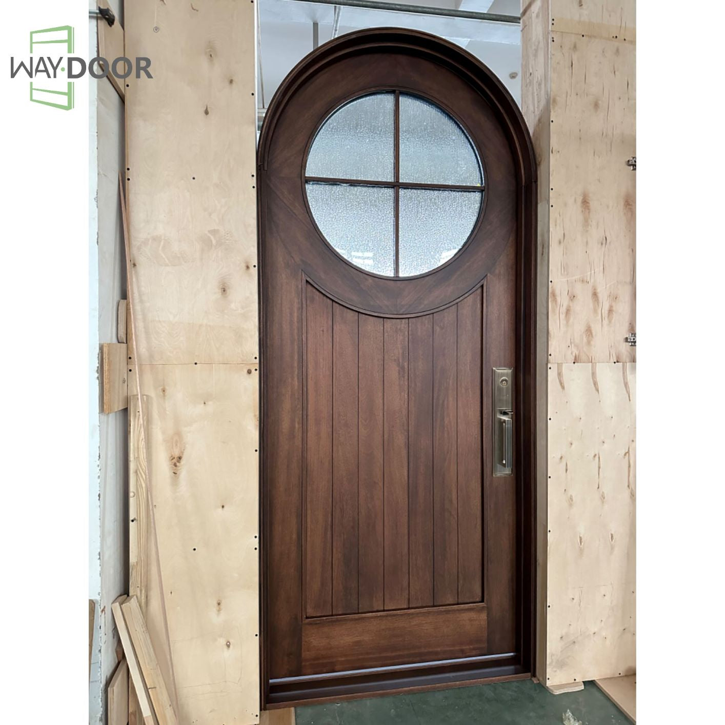 Arched Round Glass Solid Wood Entry Door