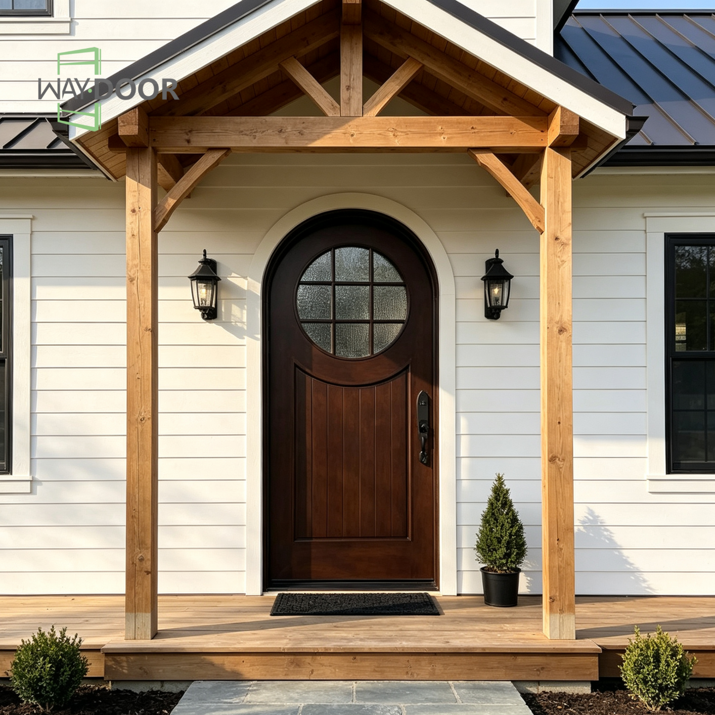 Arched Round Rain‑Glass Solid Wood Single Entry Door