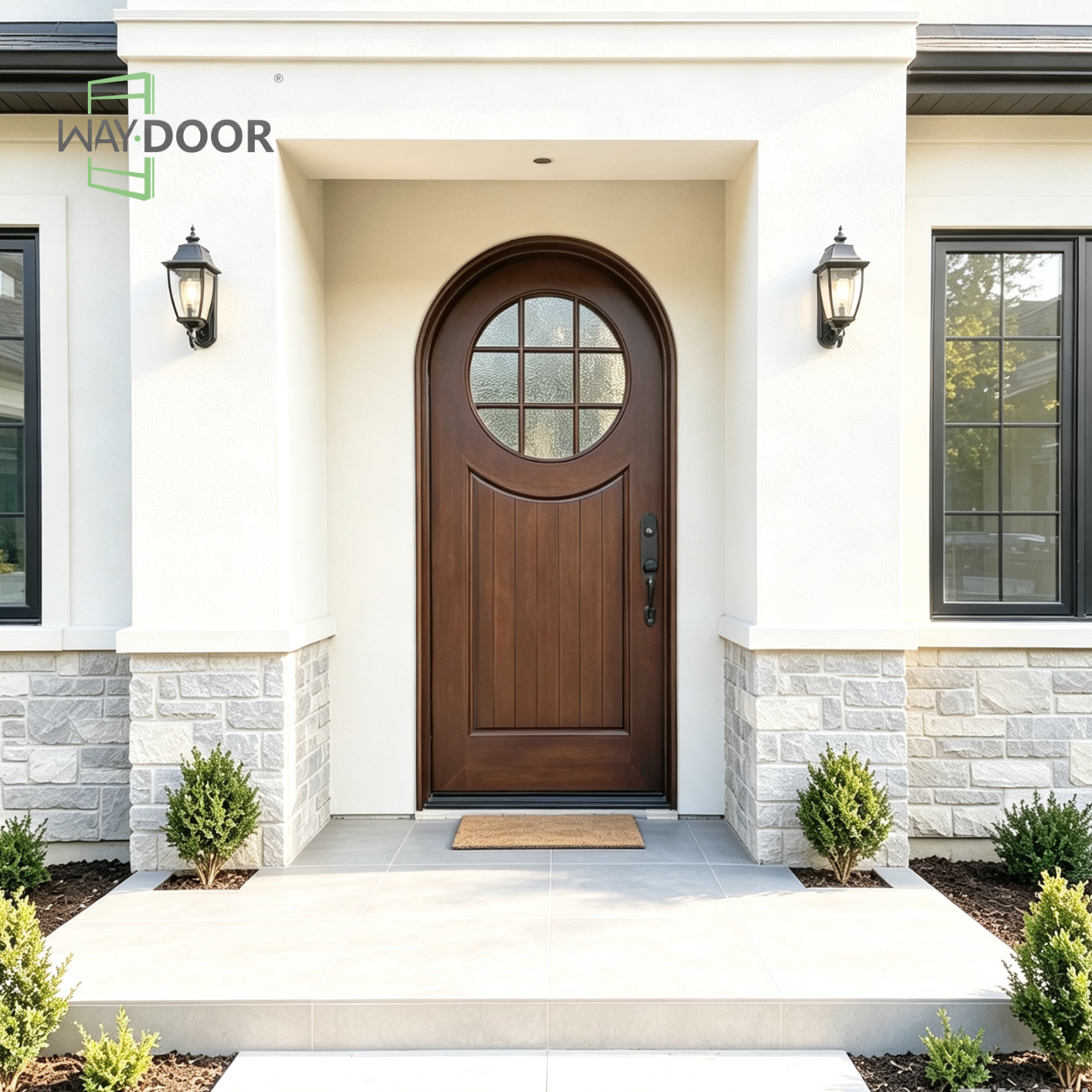 Arched Round Rain‑Glass Solid Wood Single Entry Door