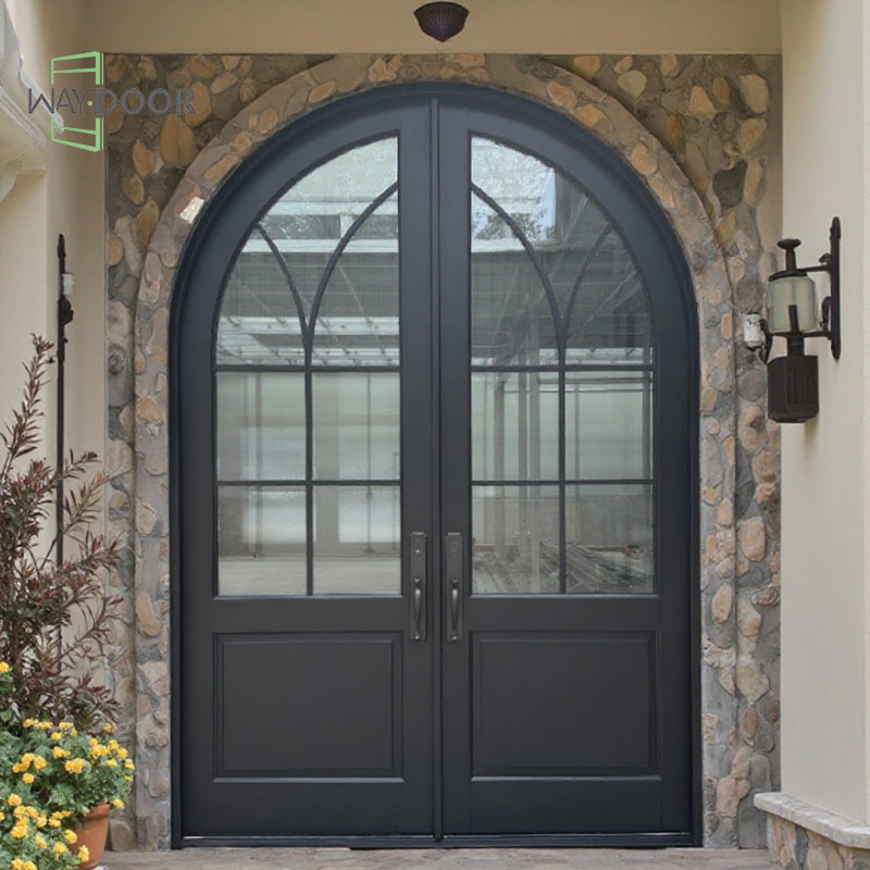 Modern Arched Solid Wood Casement Door with French Glass