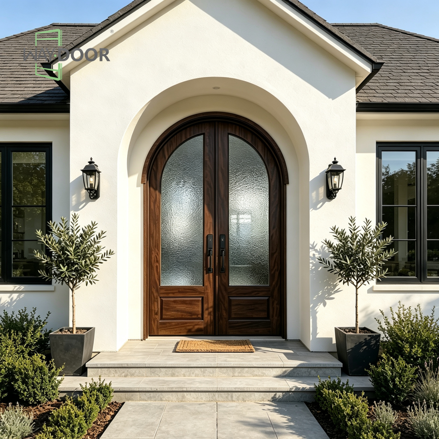 Arched Solid Wood Double Entry Door with Patterned Glass