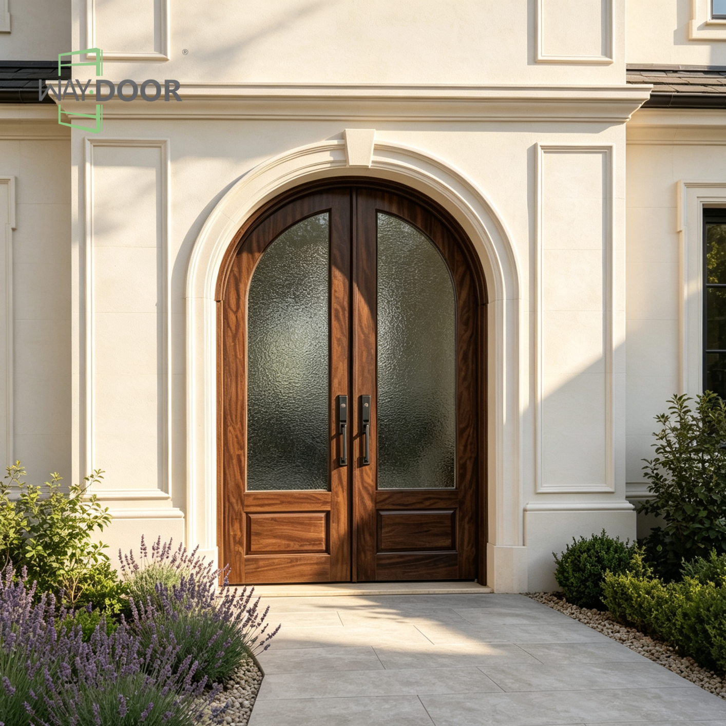 Arched Solid Wood Double Entry Door with Patterned Glass