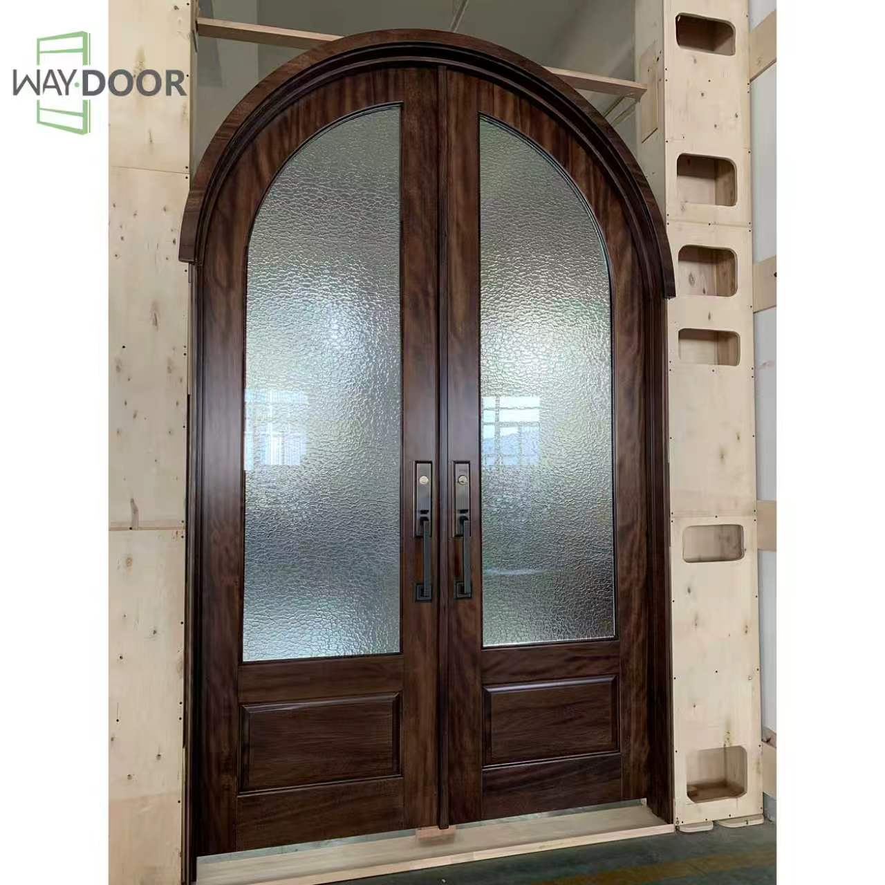 Arched Solid Wood Double Entry Door with Patterned Glass