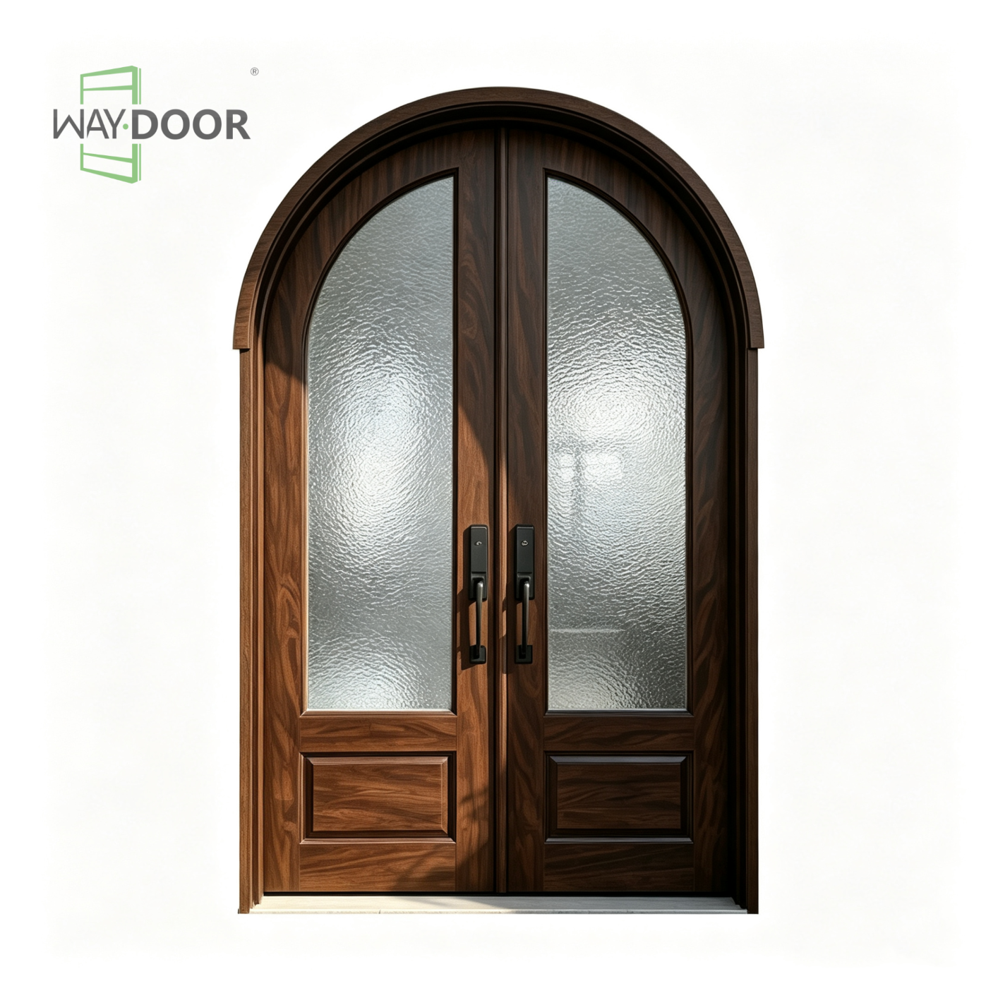 Arched Solid Wood Double Entry Door with Patterned Glass