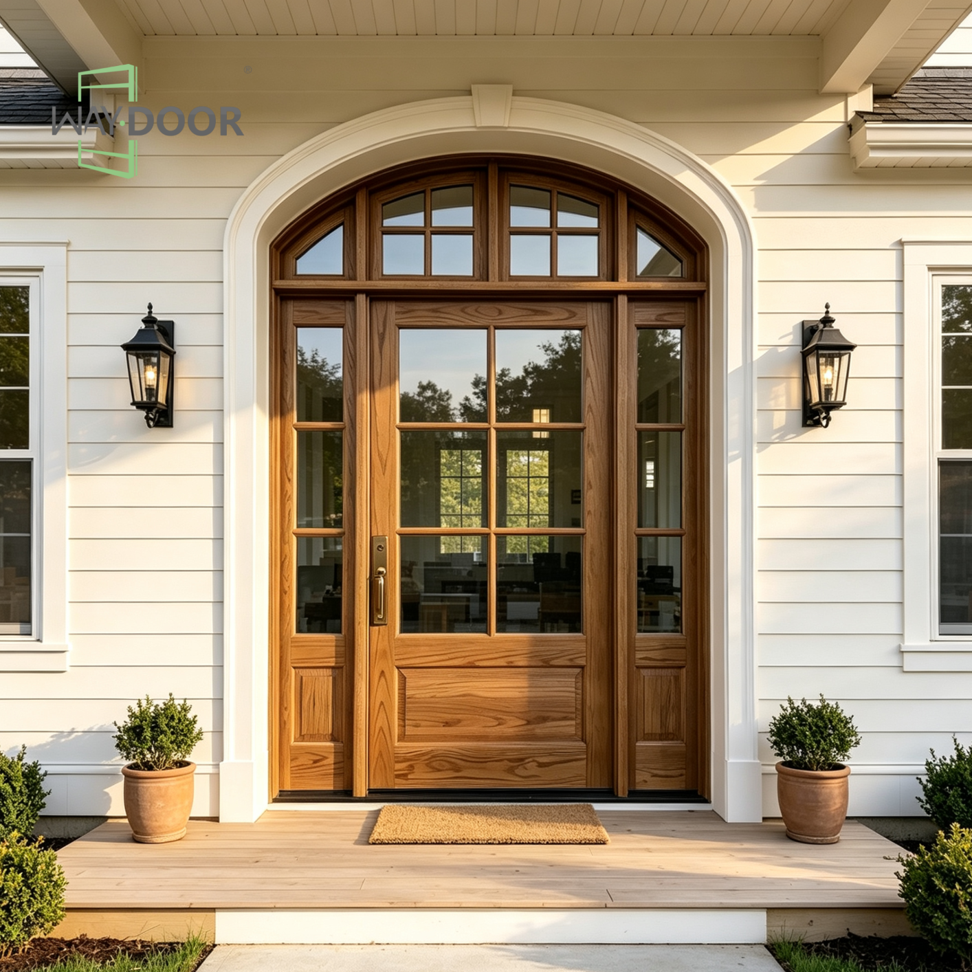 Arched Solid Wood Entry Door with Sidelights & Transom