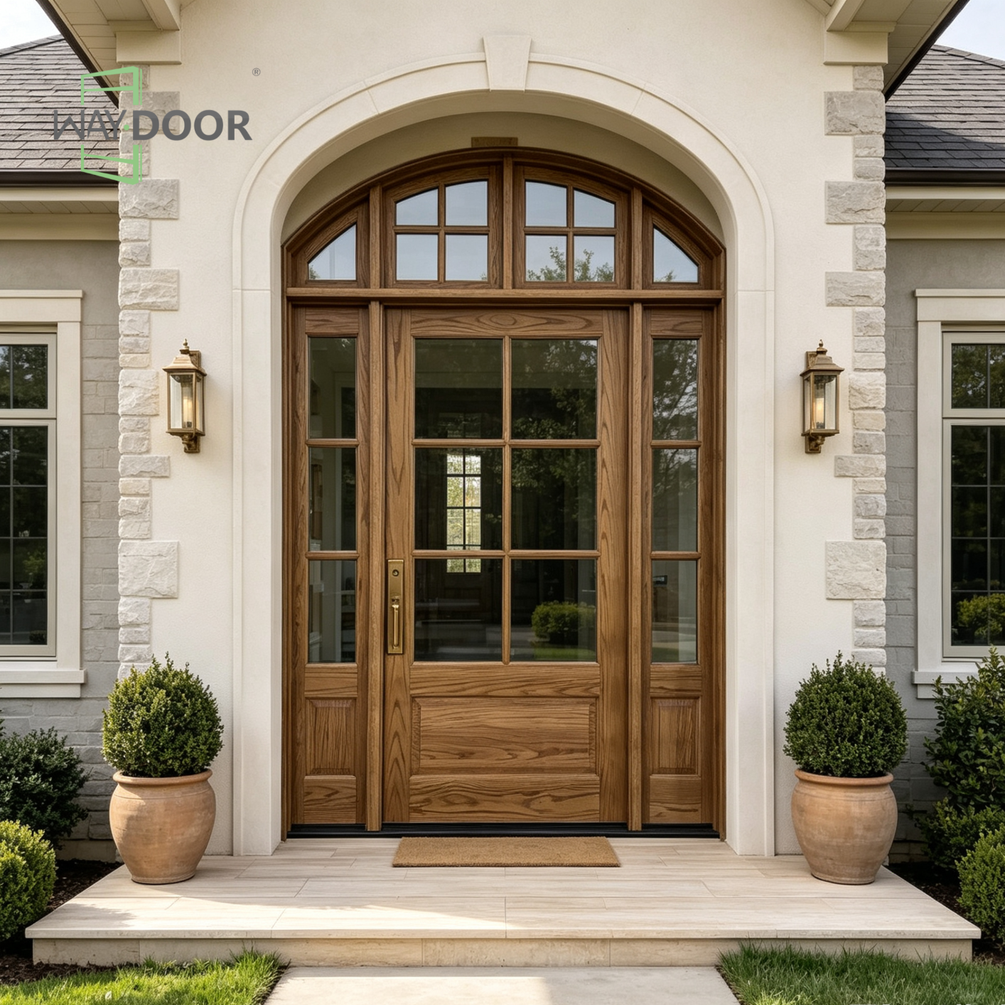 Arched Solid Wood Entry Door with Sidelights & Transom
