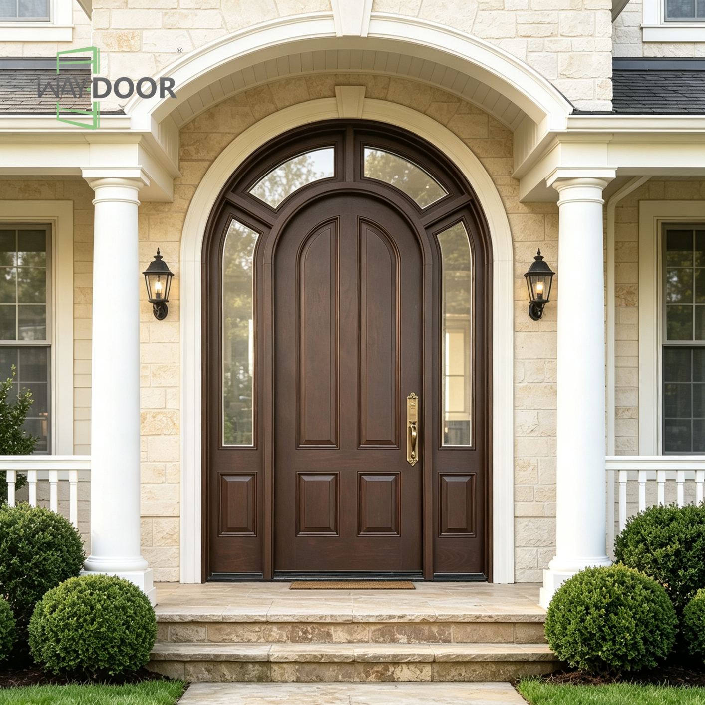 Arched Solid Wood Entry Door with Sidelites and Transom